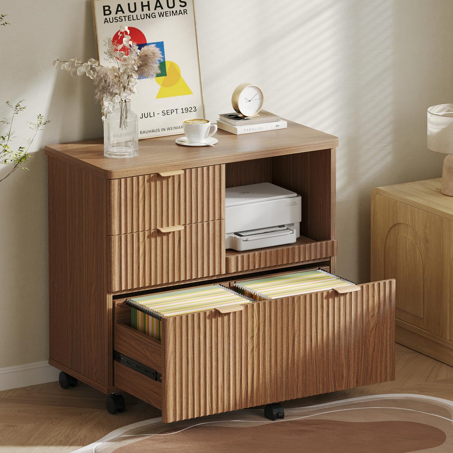 Bestier 3 Drawer File Cabinet, Decorative Fluted Wood Lateral Filing Cabinet with Caster for Home Office, Fits for A4/Letter/Legal-Sized Files, Printer Stand with Open Storage Shelves, Brown