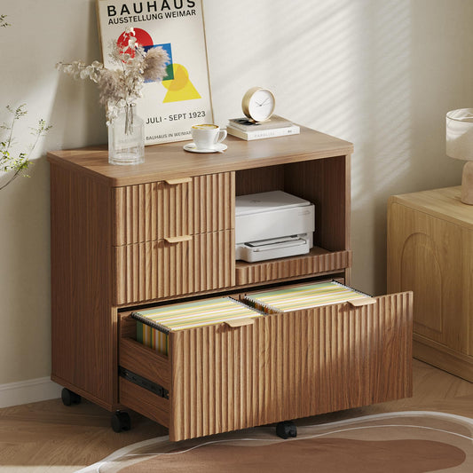 Bestier 3 Drawer File Cabinet, Decorative Fluted Wood Lateral Filing Cabinet with Caster for Home Office, Fits for A4/Letter/Legal-Sized Files, Printer Stand with Open Storage Shelves, Brown