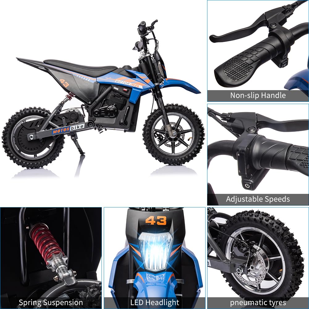 36V Ride on Dirt Bike for Kids,Fast Speed Electric Battery-Powered Off-Road Motorcycle 500W Motor,15.5MPH,Max Load 175 lbs,LED Light,Leather Seat,Disc Brake,Air-Filled Tires,Blue