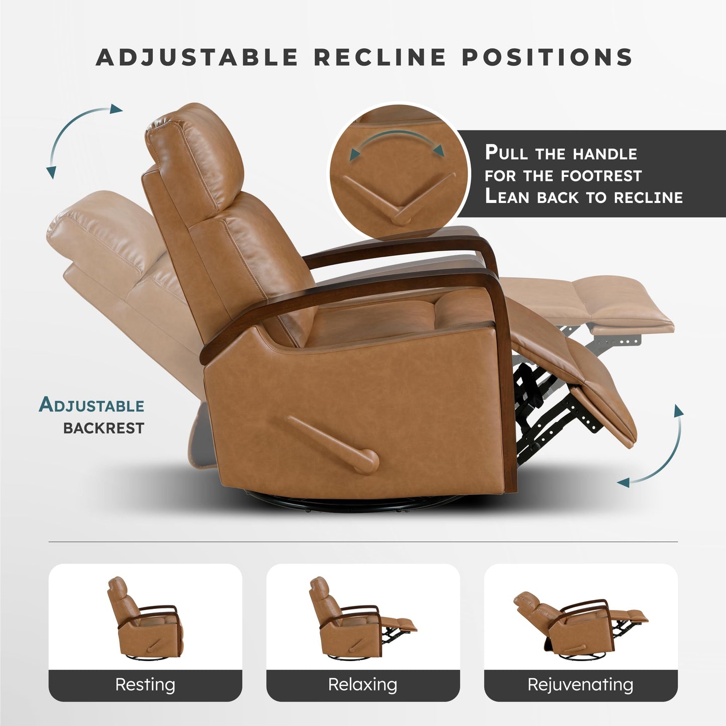 Lexicon 360 Degree Swivel Glider Reclining Chair, Breathable Faux Leather Manual Recliner, Comfy Nursery Glider Recliner, Wood Arms, Pull Handle for Living Room/Office/Bedroom/Apartment, Camel Brown