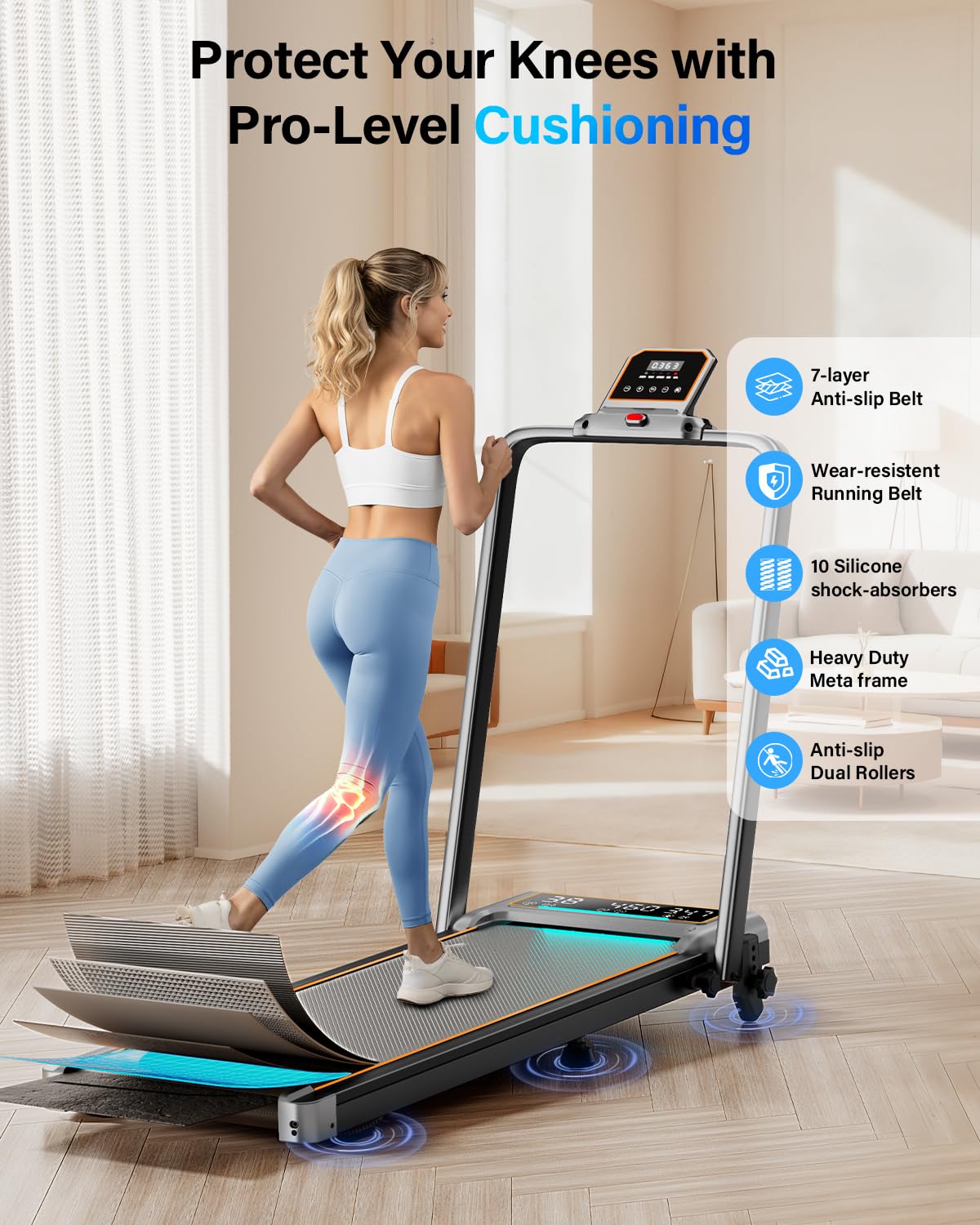 Walking Pad Treadmill with 15% Incline/Handle Bar/2 Screen Display, 3.5HP Foldable Walking Pad Treadmill, Portable Treadmills for Home with 4 Adjustable Incline, 350+lb Capacity, Smart App, RGB Light