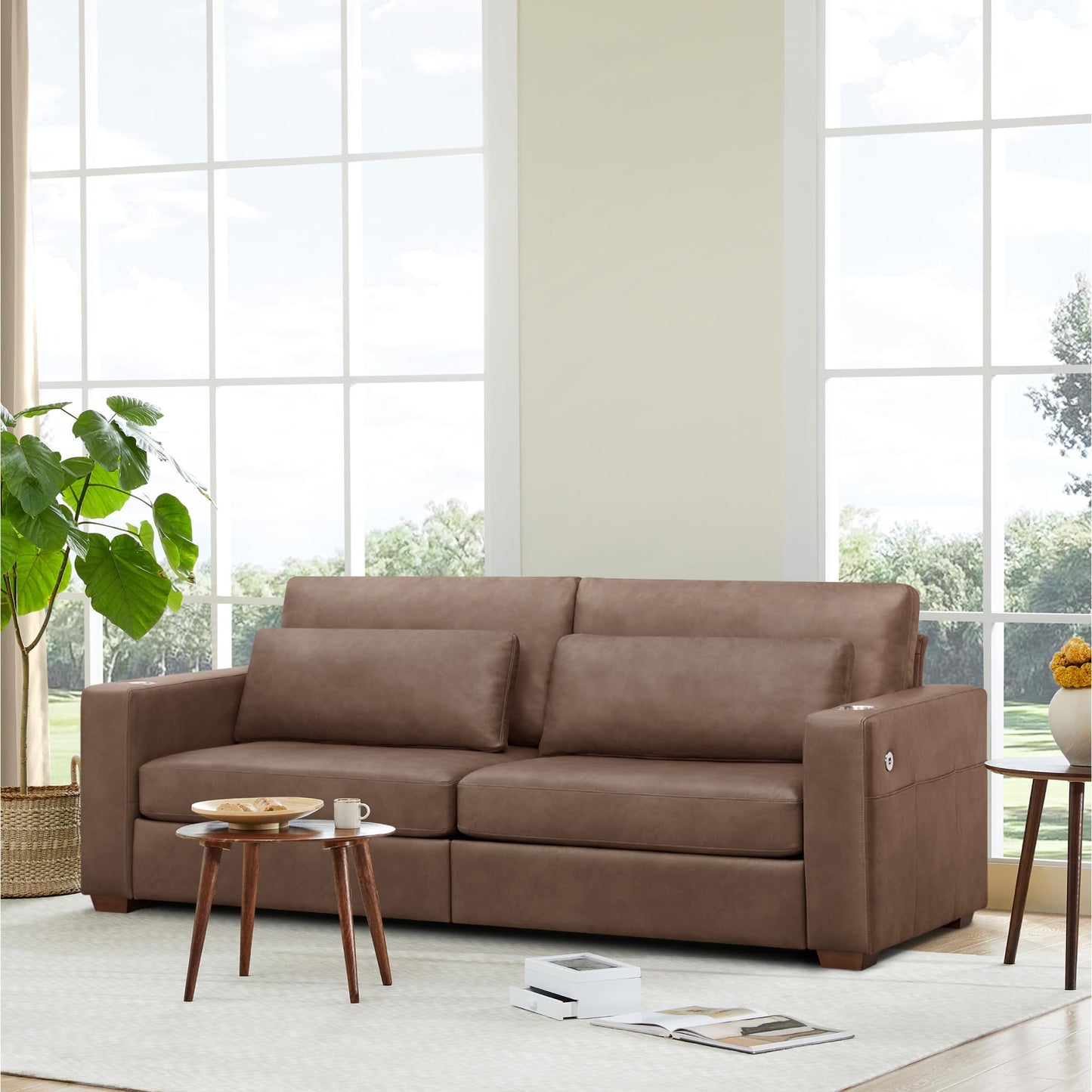 KISLOT 89" Sofa Couch for Living Room Faux Leather Upholstered Couch with Deep Seats and Wide Armrests 3 Seater Comfy Sofa with Cup Holders, USB & Type-C Ports, Spring Cushion, Solid Wood Frame Brown