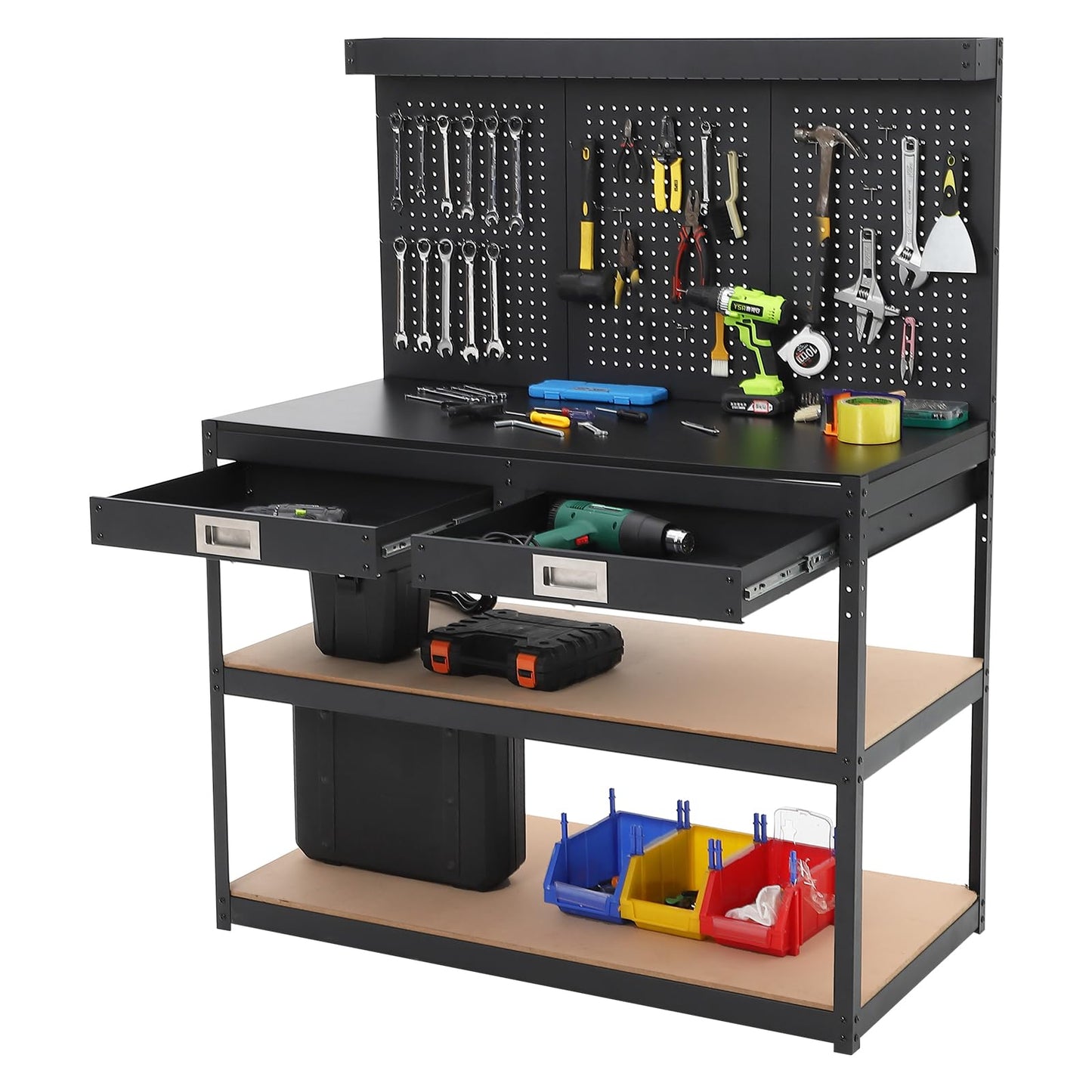 48" Workbench, 3-Tier Metal Work Benches for Garage, 1000 LBS Capacity Heavy Duty Table with 2 Drawers, Pegboard & ETL-Certified Power Outlets for Workshop, Home, Office