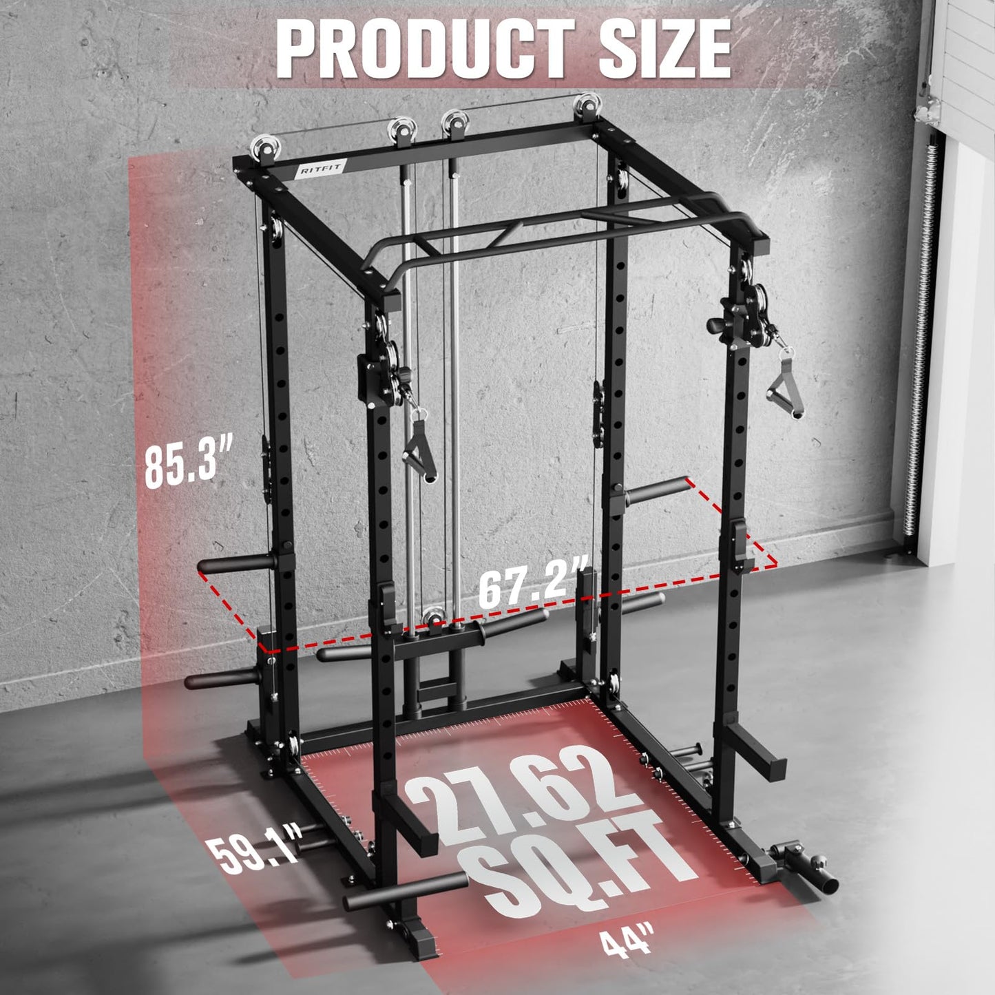 RitFit Multi-Function Garage & Home Gym Package Includes 1200LBS Power Cage PPC-P3 with Cable Crossover System, Weight Bench, Olympic Barbell Weight Set, Full Body Workout-BLK,Bumper Plate 230lbs