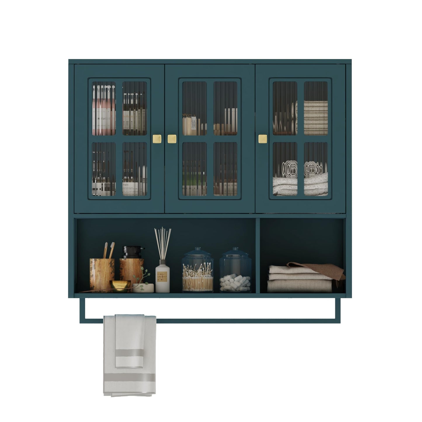 GDFStudio 34.65" Modern Wall Mounted Bathroom Cabinet with Glass Doors, Medicine Cabinet Organizer with Hidden Storage, Open Shelf & Towel Bar, Storage Cabinet for Bathroom Living Room, Dark Green