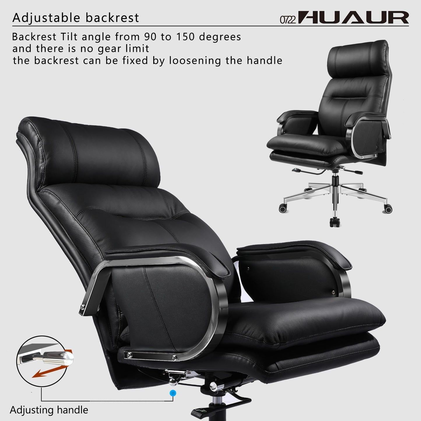 HUAUR Genuine Leather Modern Executive Chair High-Back Support 90 to 150 Degrees Tilt and Upholstered Home Desk Chair with Base 360LB Capacity Swivel Computer Office Chair (Black)