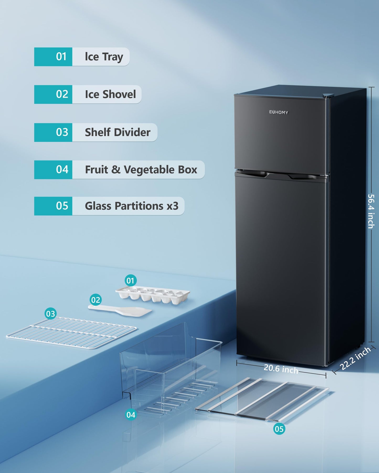 EUHOMY 7.4 Cu.Ft. Refrigerator with Freezer, 2 Door Fridge, Large Capacity, Adjustable Thermostat for Kitchen/Dorm/Apartment/Garage - Food Storage or Cooling Drinks, Black