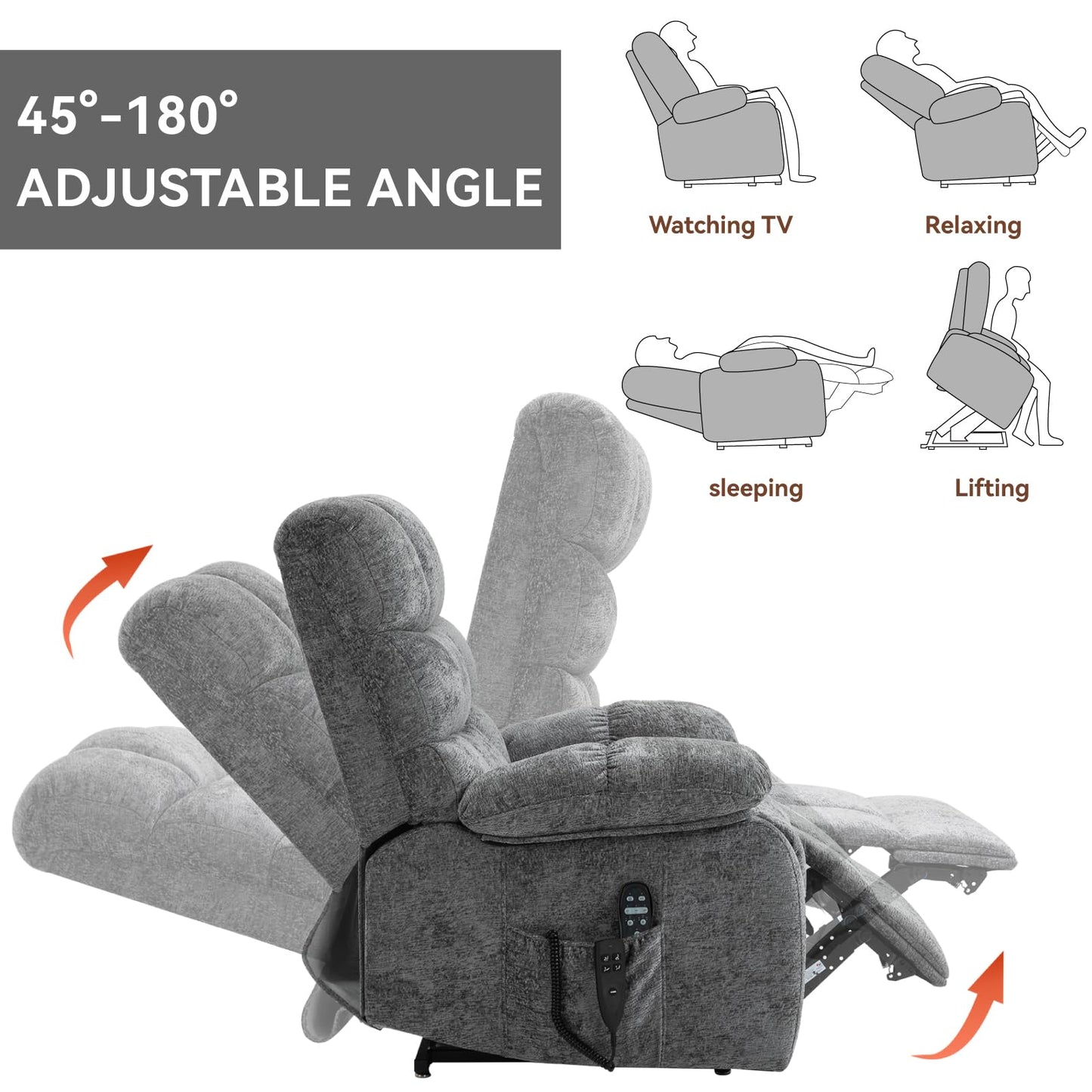 KEIKI Oversized Dual Motor Power Lift Recliner Chair for Elderly, Polyester Upholstery Breathable Rocking Chair with Back Massager and Heated, Home Lounging and Entertainment Center, Grey