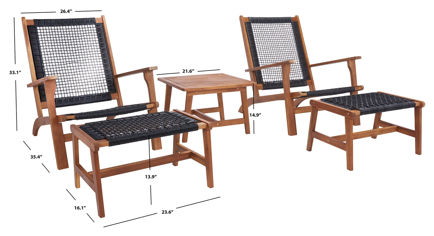 SAFAVIEH Outdoor - Chantelle Lounge Set - Natural & Black - Solid Wood with Cushion - Coastal Low-Seat Design - Ideal for Patio, Deck, Porch, Backyard (PAT7076E)