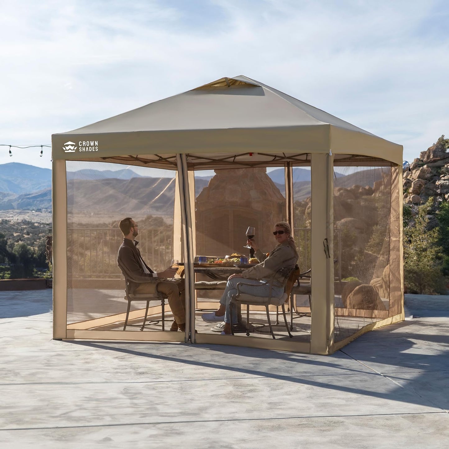 CROWN SHADES Gazebo 10x10 Pop Up Canopy with Mosquito Netting, Screen Tent with 4 Ropes, 8 Stakes, 4 Sandbags and Wheeled Storage Bag, Canopy for Patio & Backyard Parties,Camping&Events -(Beige)
