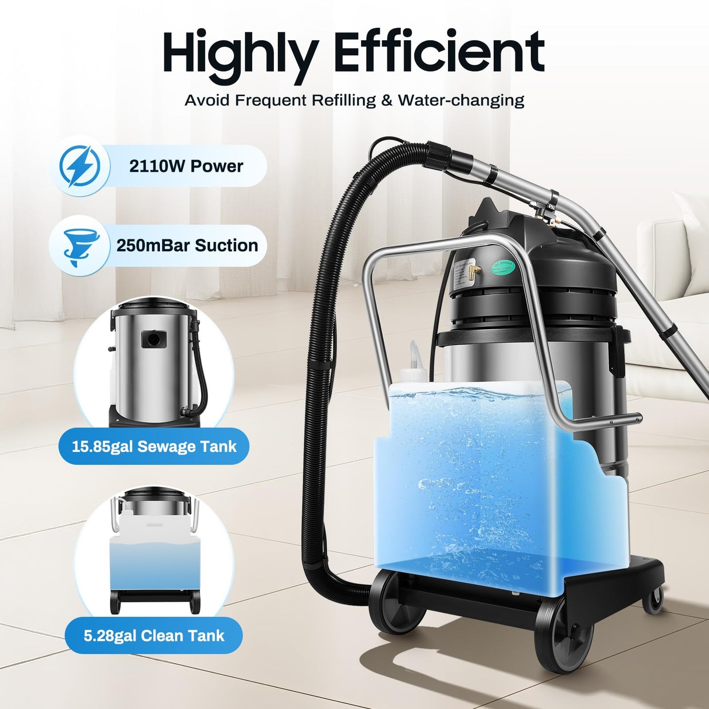 HUASSION 60L/15.85Gal Commercial Carpet Cleaner Machine, 2110W 3 in 1 Wet Dry Vacuum Cleaner, Carpet Extractor Machine with 6 Tools, Heavy Duty Floor Cleaning Machine for Home, Office, Hotel