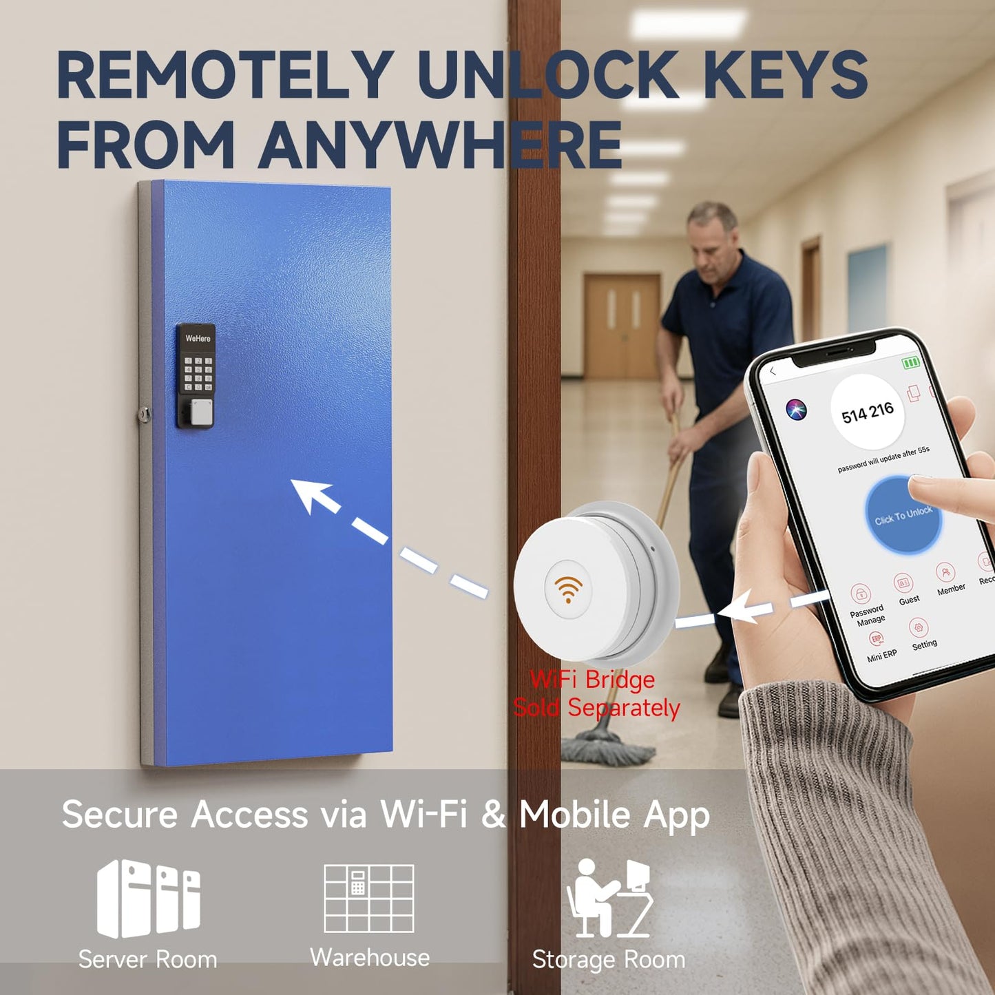 WeHere 120 Key Lock Box, Smart Key Cabinet with Key Management System, App, Bluetooth, Dynamic/Static Password, WiFi Unlock(Sold Separately), Wall-Mount Commercial Key Storage Box for Office, School