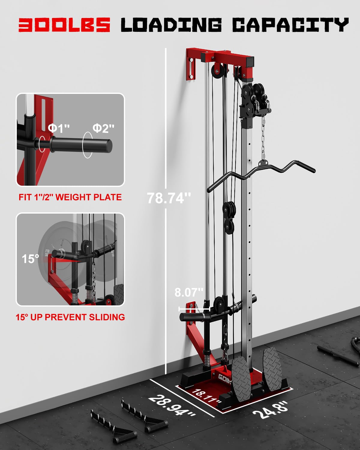 Goimu Wall Mount Cable Station, WM1 Cable Crossover Machine with 17 Positions, High and Low Cable Crossover Machine with Removable Footplate for Garage Home Gym (WM1 Cable Station RD)