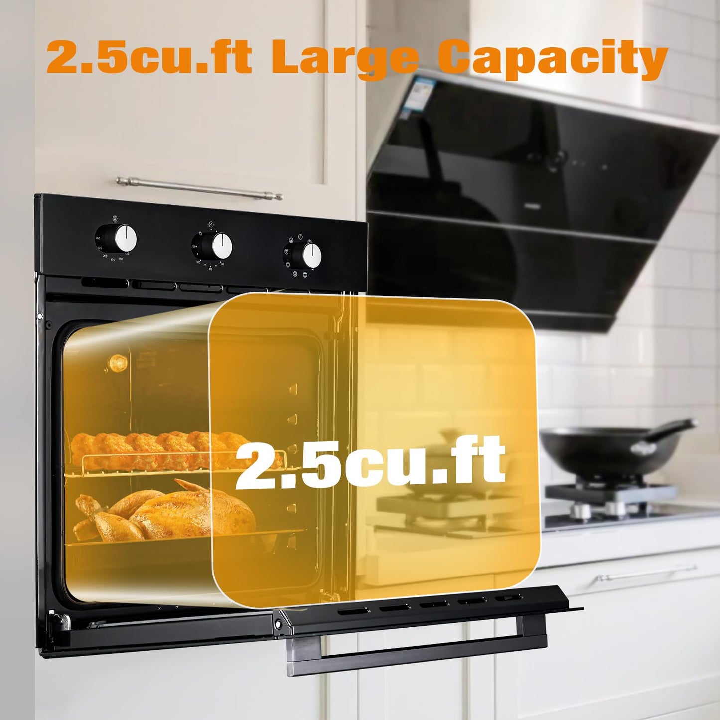 24" Single Wall Oven, 2.5 Cu.Ft. Built-in Electric Single Wall Ovens with Mechanical Knobs, Double-Layered Glass Door, 5 Cooking Functions, 3000W 240V Ideal for Kitchen Oven