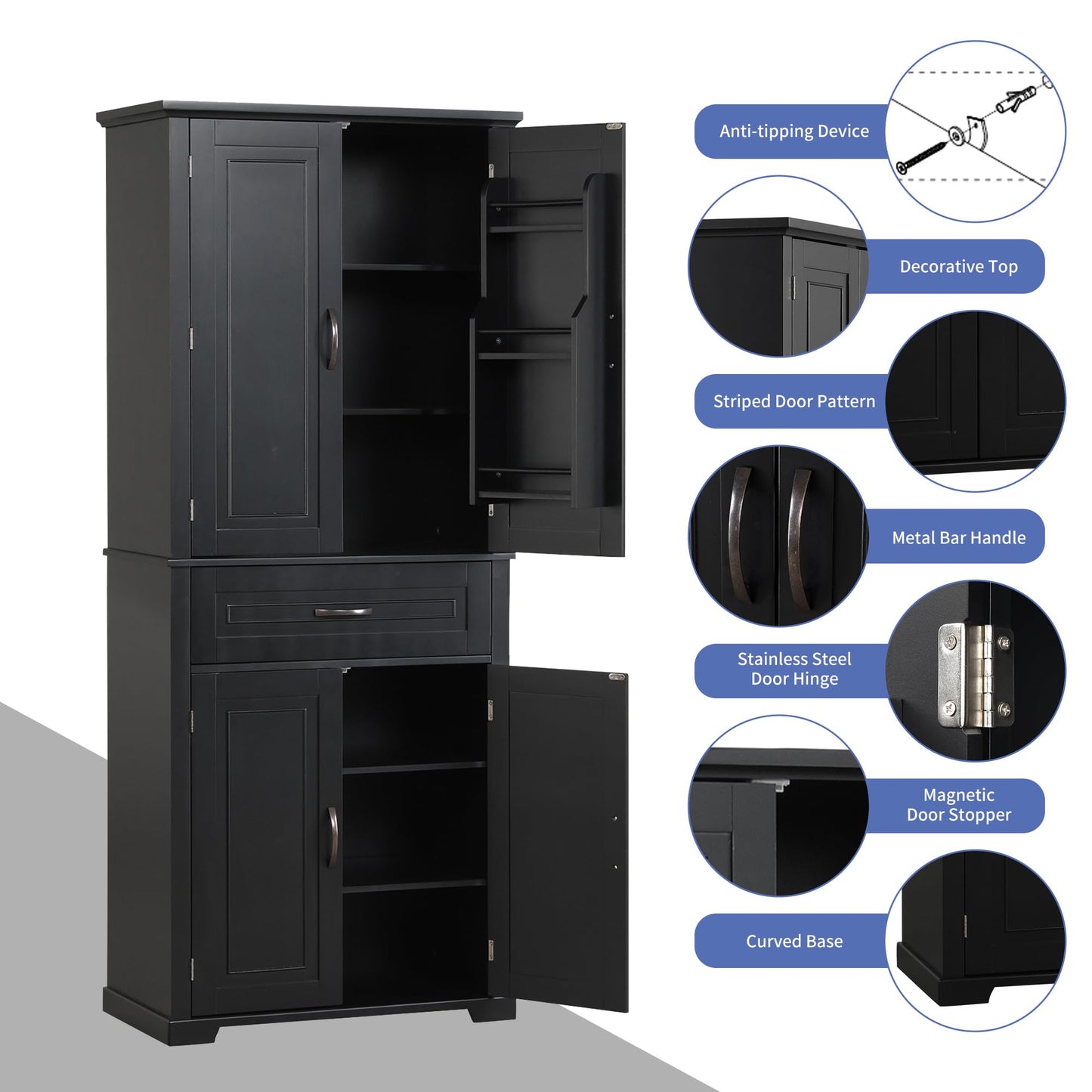 Storage Cabinet with 4 Doors and Drawers, 72.2" H Kitchen Cabinet with 6 Door Shelves, Kitchen Storage Cabinets with Adjustable Shelves for Living Room, Black