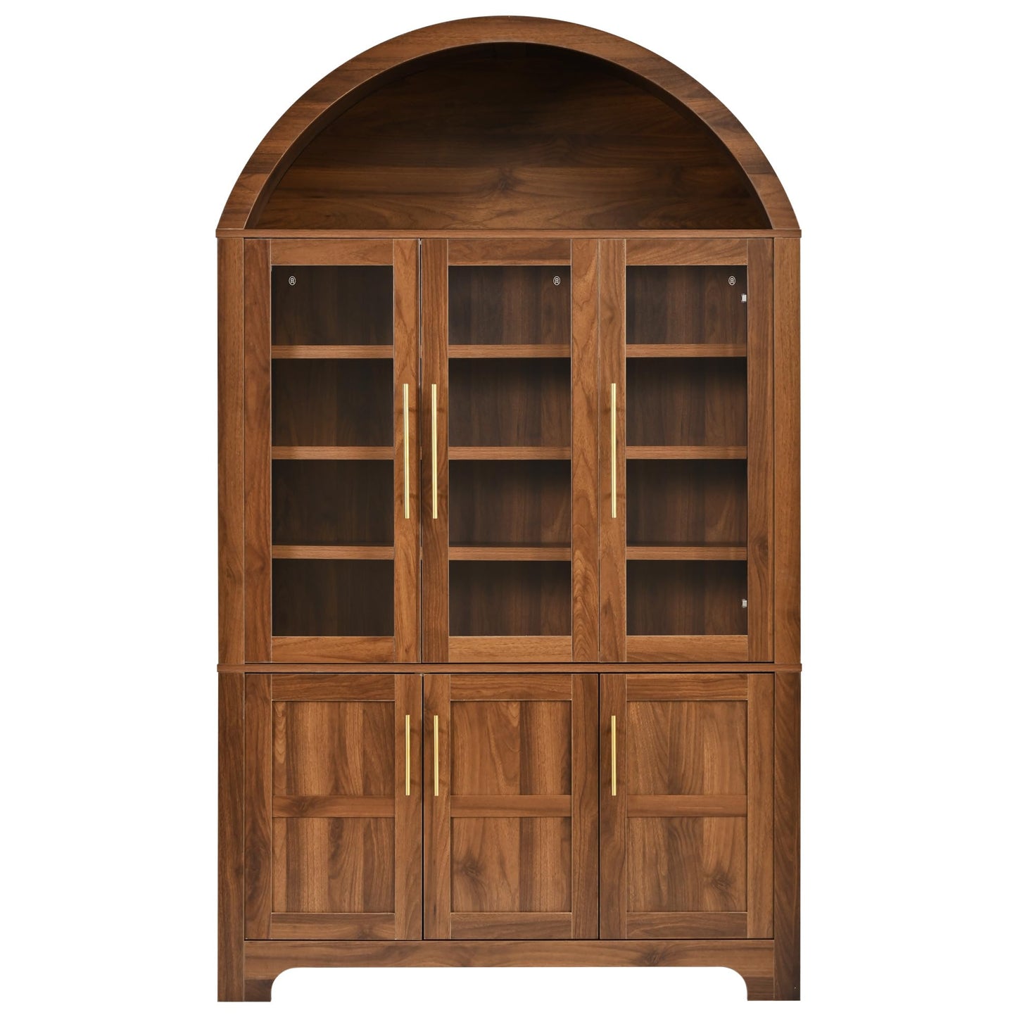 Merax 73" Tall Arched Kitchen Pantry Cabinet, Farmhouse Storage Cabinet with 3 Glass Doors, Adjustable Shelves & Door Racks, Tall Cupboard for Dining Room, Bathroom