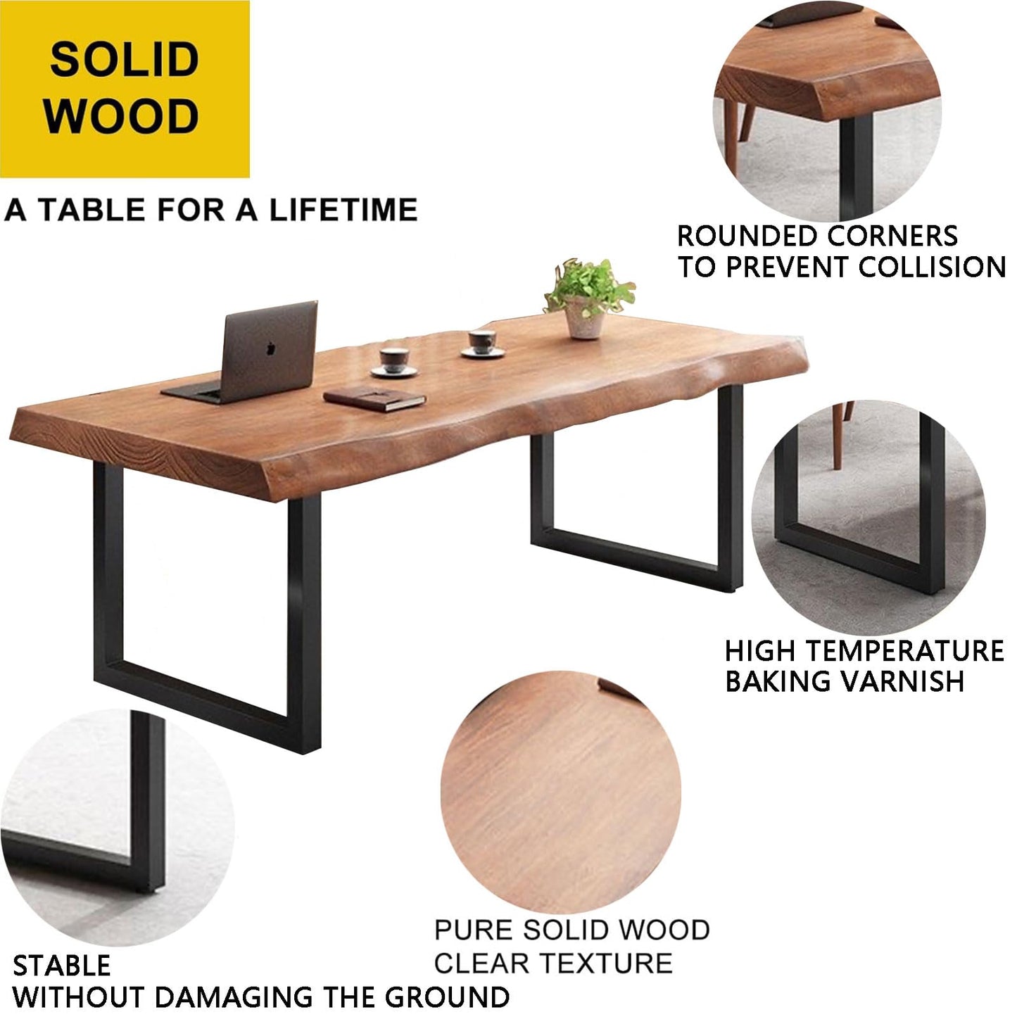 quanzhoulong Stylish Solid Wood Office Desk with Sturdy Metal Base - Durable Multi-Size Executive Computer & Dining Table - Perfect for Home Office & Work Environments (Brown, 47in)