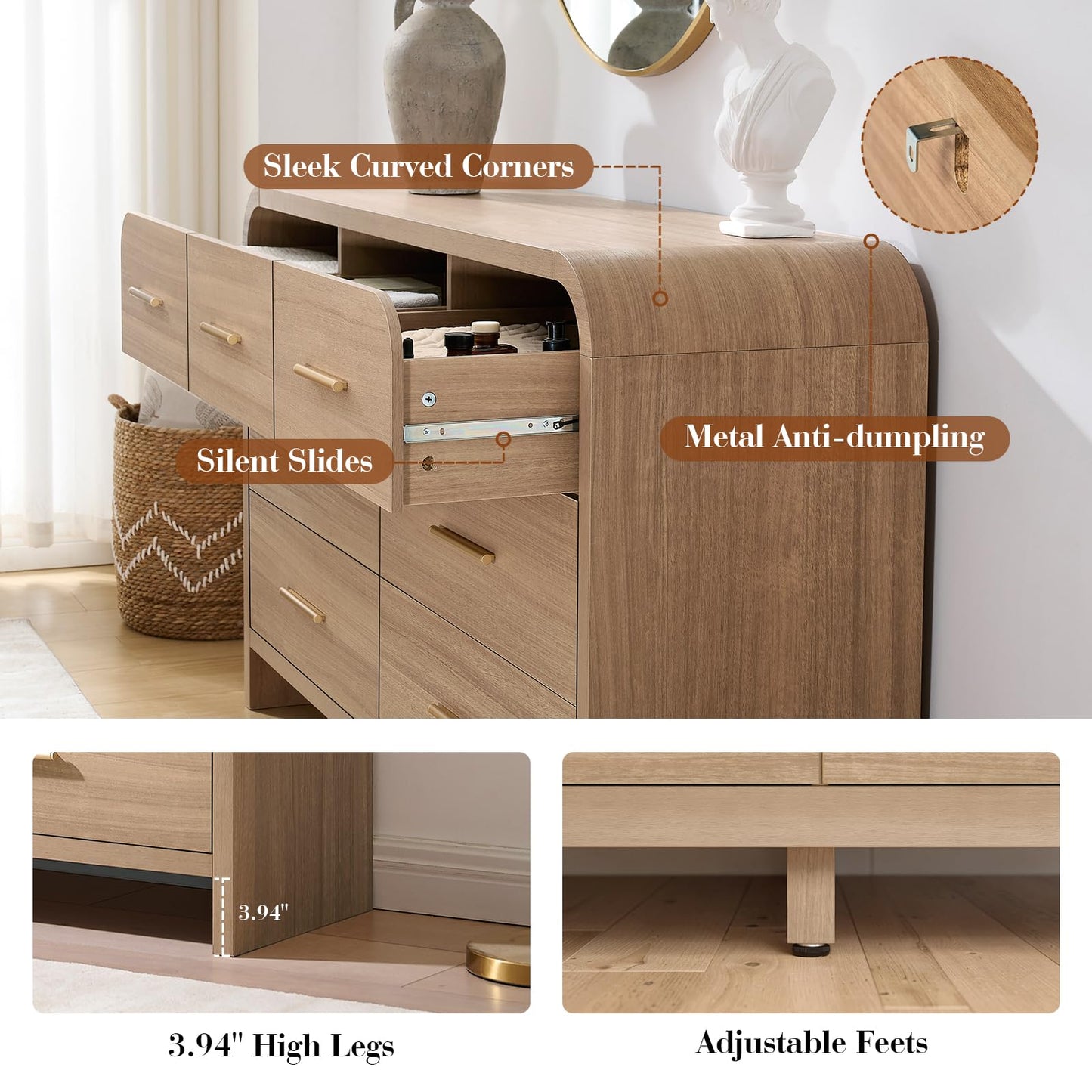 EliteSet Curved 7 Drawer Dresser for Bedroom, 53.82'' Wide Chest of Drawers, Modern Storage Cabinet for Hallway & Living Room TV Stand, FSC Certified 1.18" Thick Board, 100 lbs Top Weight, Oak