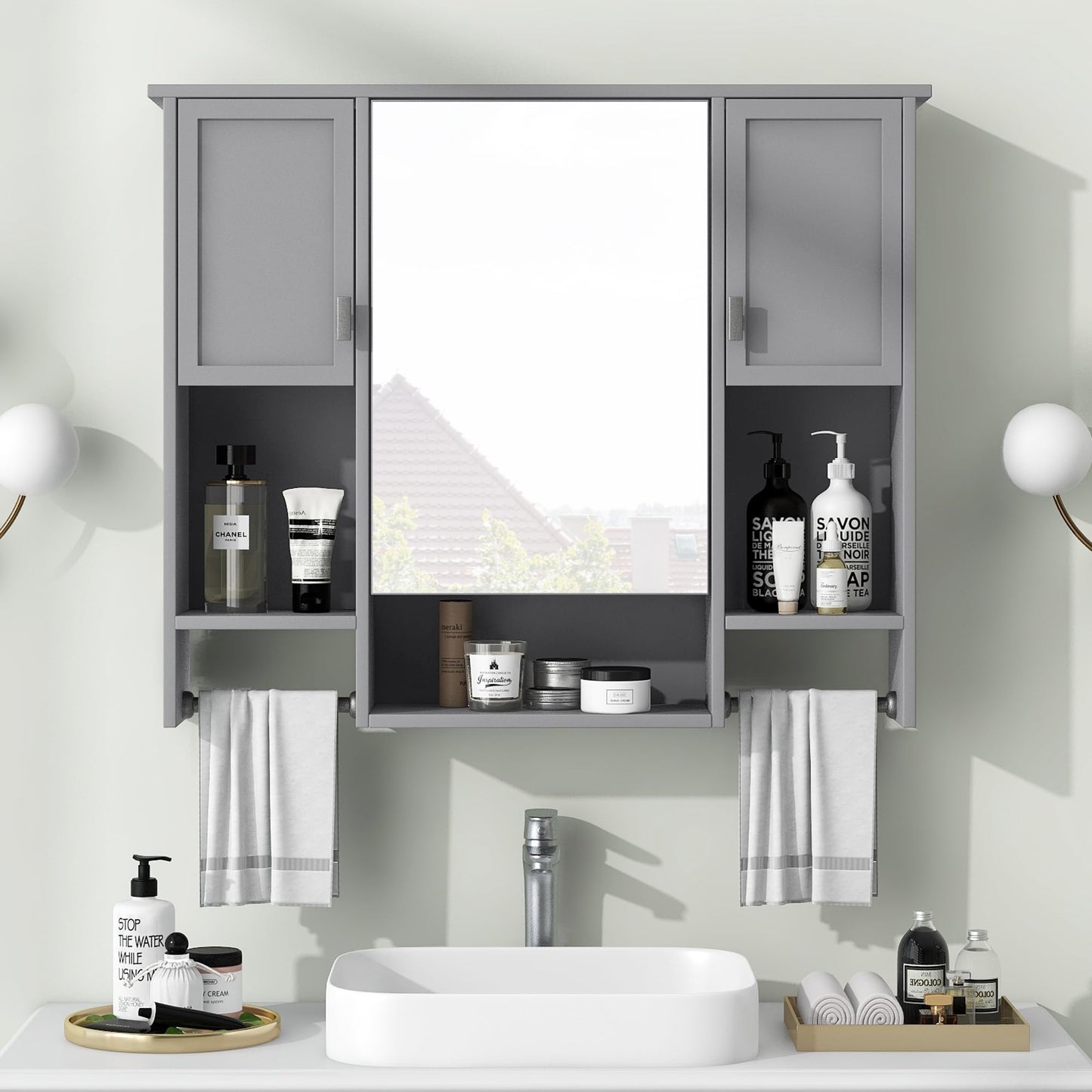Virubi Bathroom Medicine Cabinet, Wall Mounted Bathroom Storage Cabinet with Mirror, Open Shelf, Side Cabinet and Towel Bar, Over The Toilet Mirrored Cabinet, 35" W x 28.7" H
