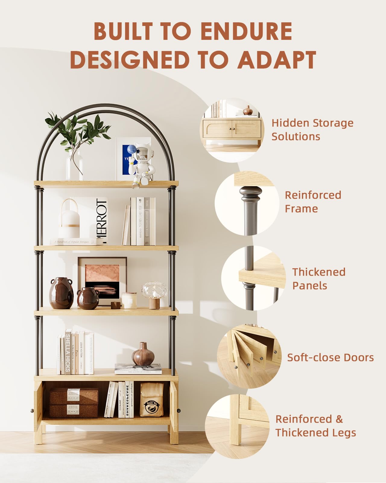 GOUUN Arched Bookshelf with Door 71 Inches Tall Arch Bookcase Oak Book Shelf with Storage Cabinet Heavy-Duty Shelving Board Aesthetic Display Shelving Unit for Living Room/Office