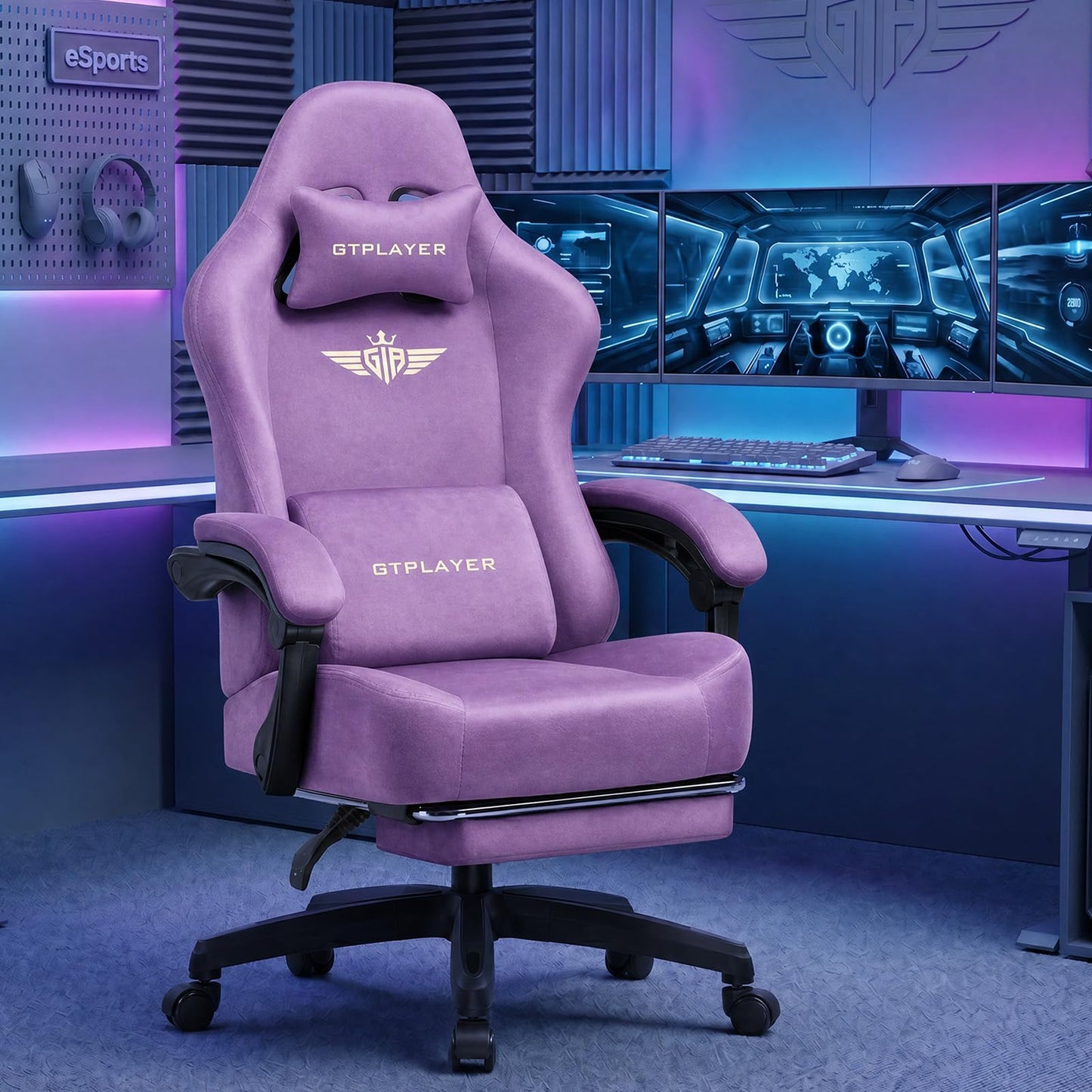 GTPLAYER Big and Tall Gaming Chair 400lbs Heavy Duty Office Chair with FootRest,High Back Pocket Spring Ergonomic Computer Chair for Adults,Wide Comfy Seated Cushion with Linkage Armrests,Light Purple