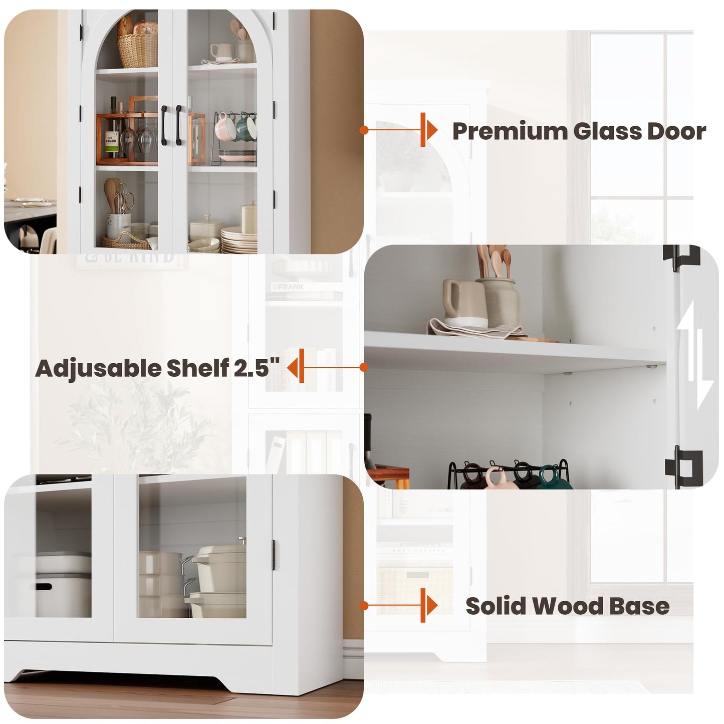 Garvee 70" Tall Kitchen Pantry Cabinet - Modern Display Cabinet with 4 Arched Glass Doors and Adjustable Shelves, Versatile Cupboard Organizers for Kitchen, Dining Room, Living Room, Bathroom, White