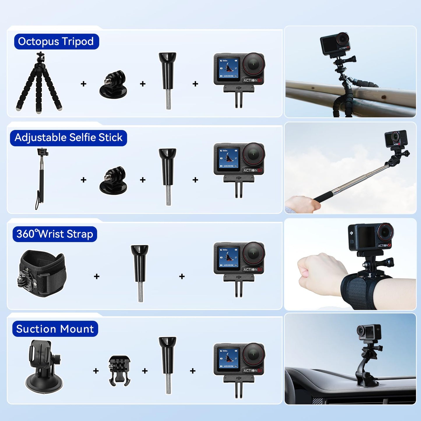 DJI Osmo Action 5 Pro Waterproof Action Camera Bundle, 1/1.3" Sensor, 4K/120fps Video, Subject Tracking, 47GB Built-in Storage, Original Standard Combo + 58 Piece Accessory Kit + Extra 64GB Card