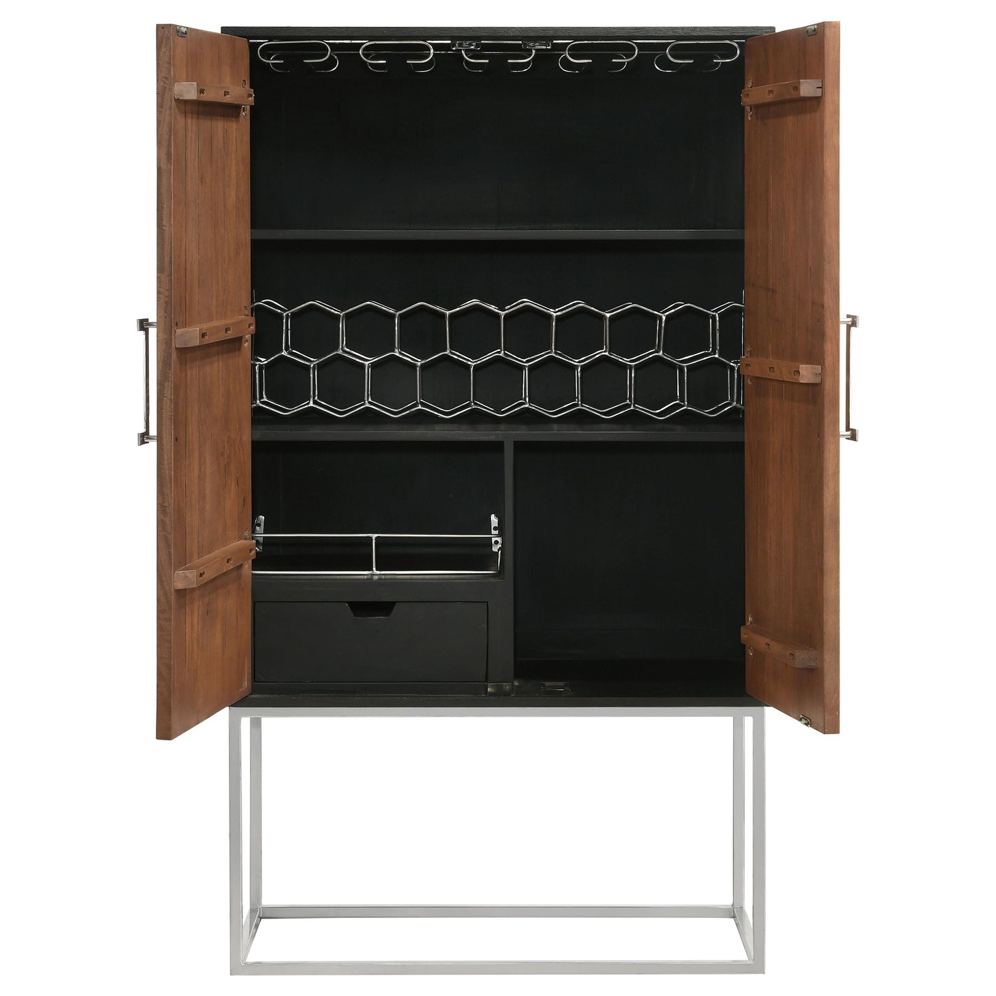 Coaster Home Furnishings - Borman - Wood and Metal - 2-Door Home Bar Cabinet with Wine Bottle Storage, Drawer, and Fixed Shelves - Dining Room & Living Room - 36-Inch - Walnut and Black - 950318