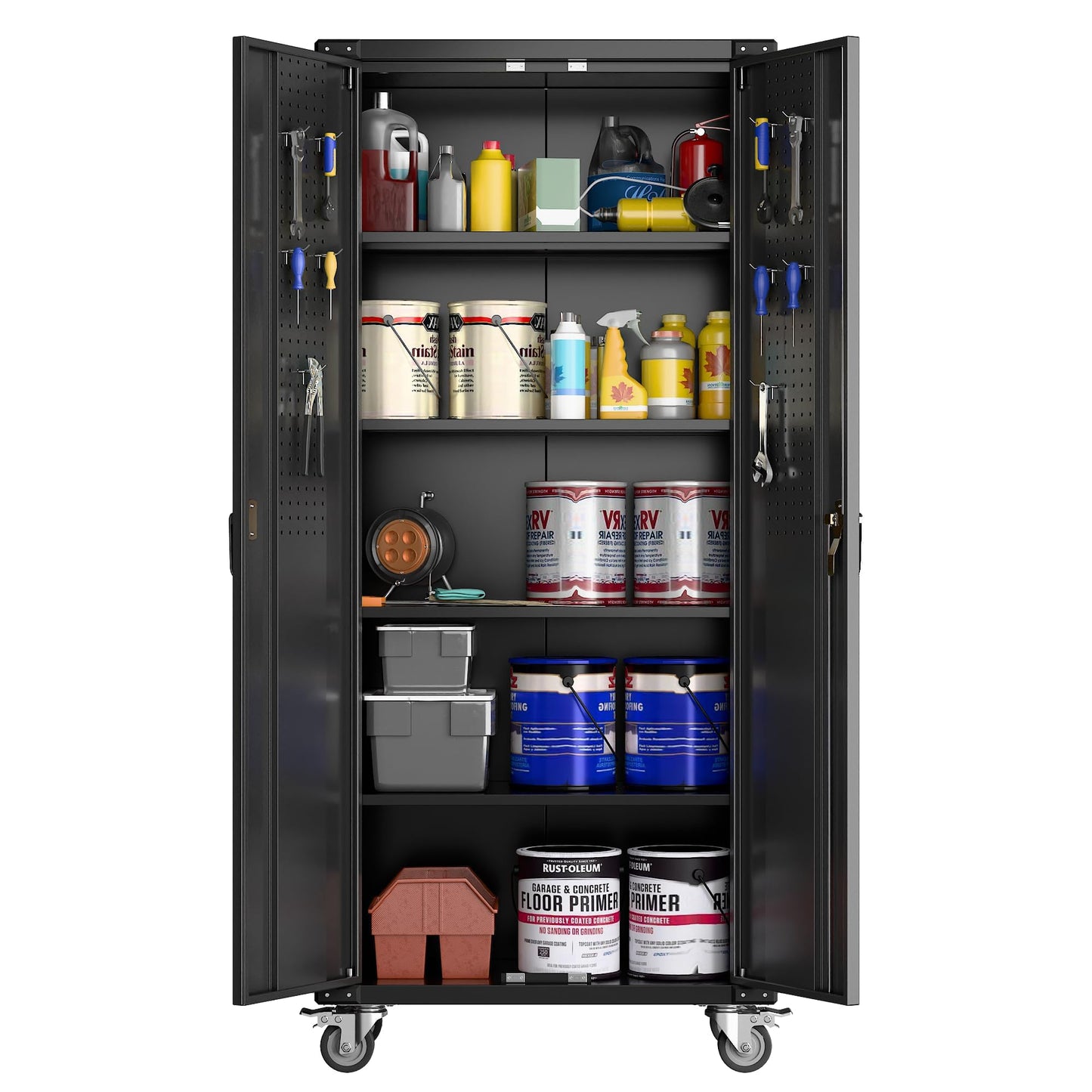72" Tall Garage Storage Cabinet with Wheels – Locking Heavy-Duty Metal Cabinet with 4 Adjustable Shelves & Door Pegboard, Rolling Tool Cabinet for Workshop, Home, Office – Black