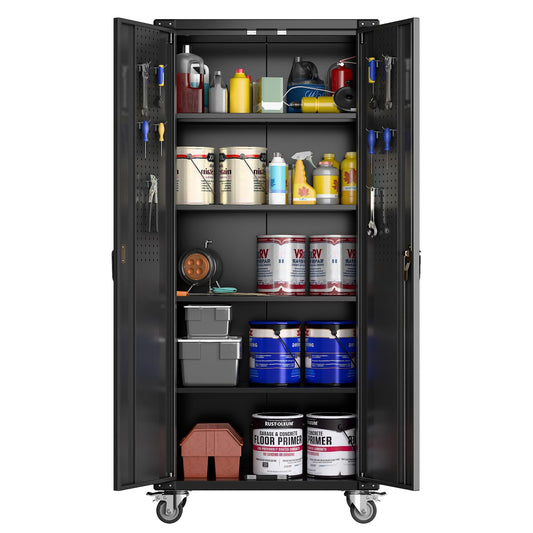 72" Metal Garage Storage Cabinets, Heavy Duty Rolling Storage Cabinet with Wheels, Mobile Locking Metal Cabinet with 4 Adjustable Shelves & Door Pegboard, for Workshop, Home, Office – Black