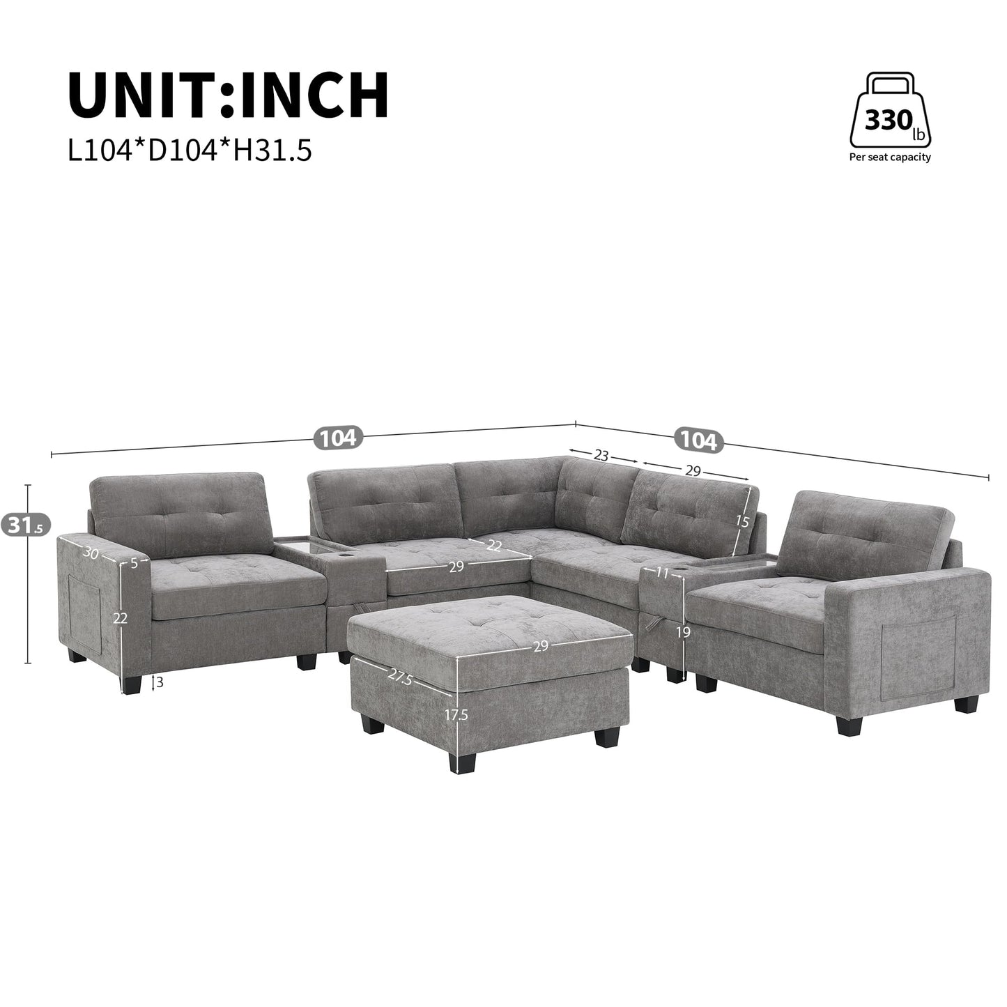 ERYE 104-Inch Oversized Tufted Corner Sectional Sofa 6 Seat Modular Convertible Sofa Couches W/Charging Station, Movable Ottoman, Storage Console,Drawers for Home/Apartment