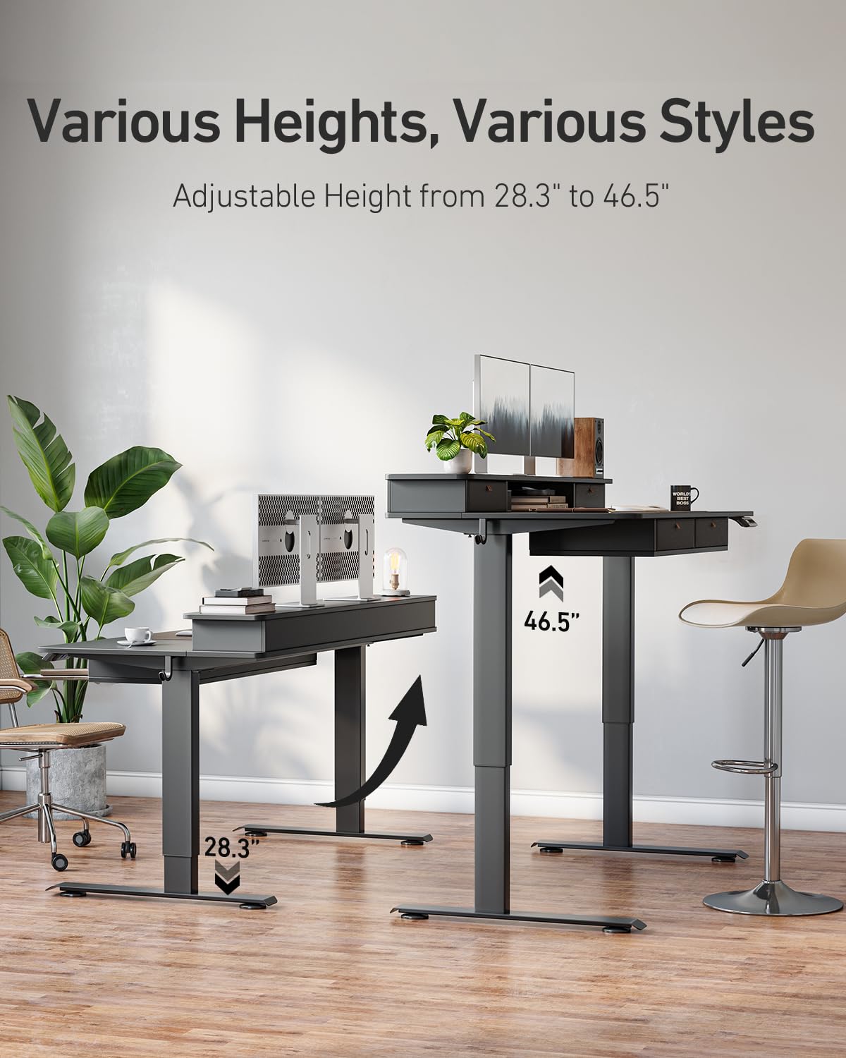 CubiCubi 60" x 30" Standing Desk with Drawers, Height Adjustable Electric Workstation, Computer Sit Stand Up Table with Large Storage Shelf 4 Drawers and 2 Hooks, Black
