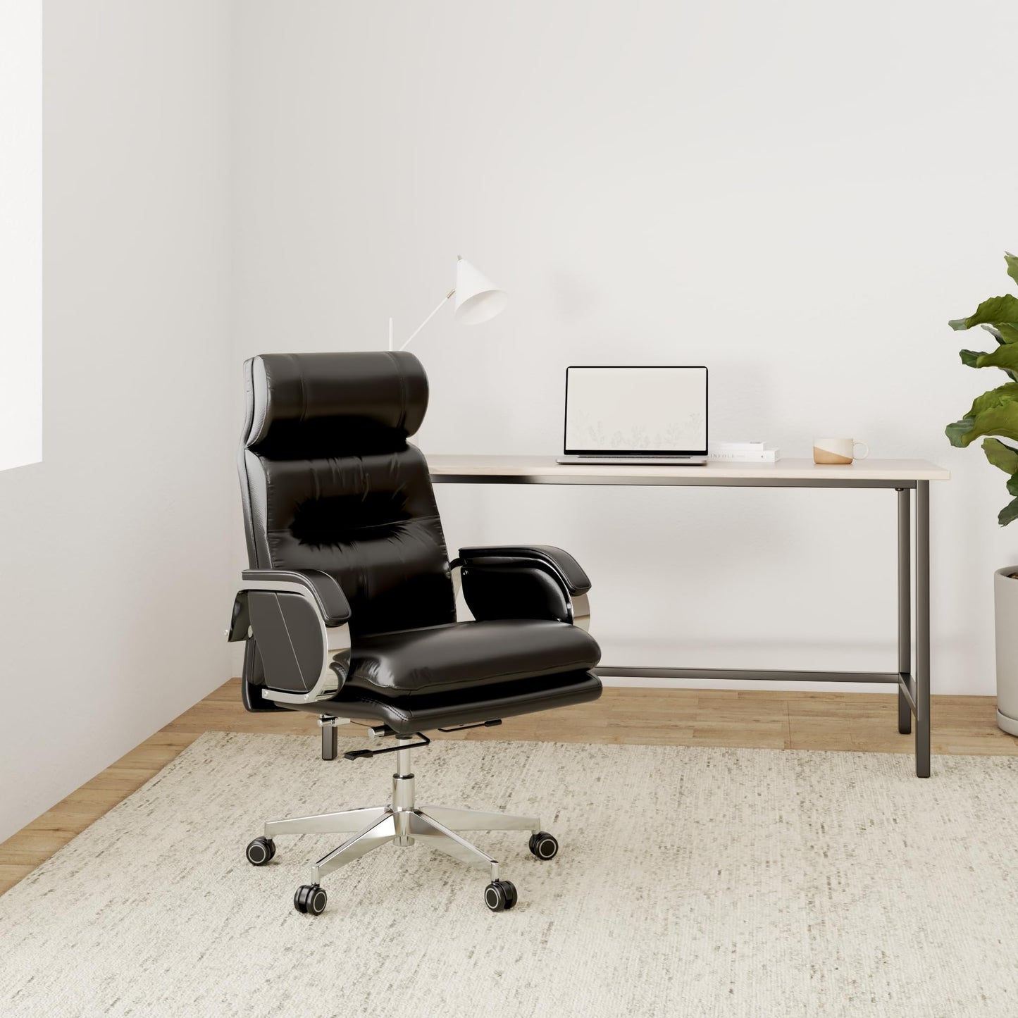 HUAUR Genuine Leather Modern Executive Chair High-Back Support 90 to 150 Degrees Tilt and Upholstered Home Desk Chair with Base 360LB Capacity Swivel Computer Office Chair (Black)