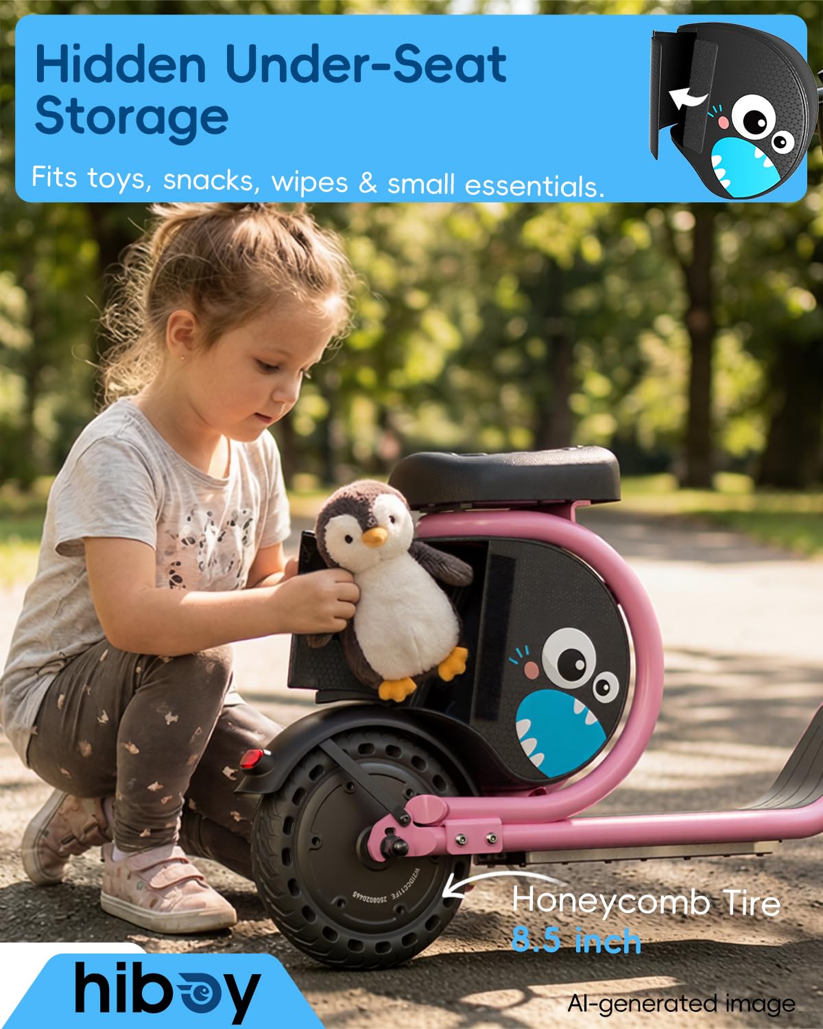 Hiboy JoyHaul Electric Scooter for Kids, Ages 4-10 – LED Neon Lights, 100W Brushless Motor, 56.16Wh Battery, Under-Seat Storage & Safety Brake, Pink