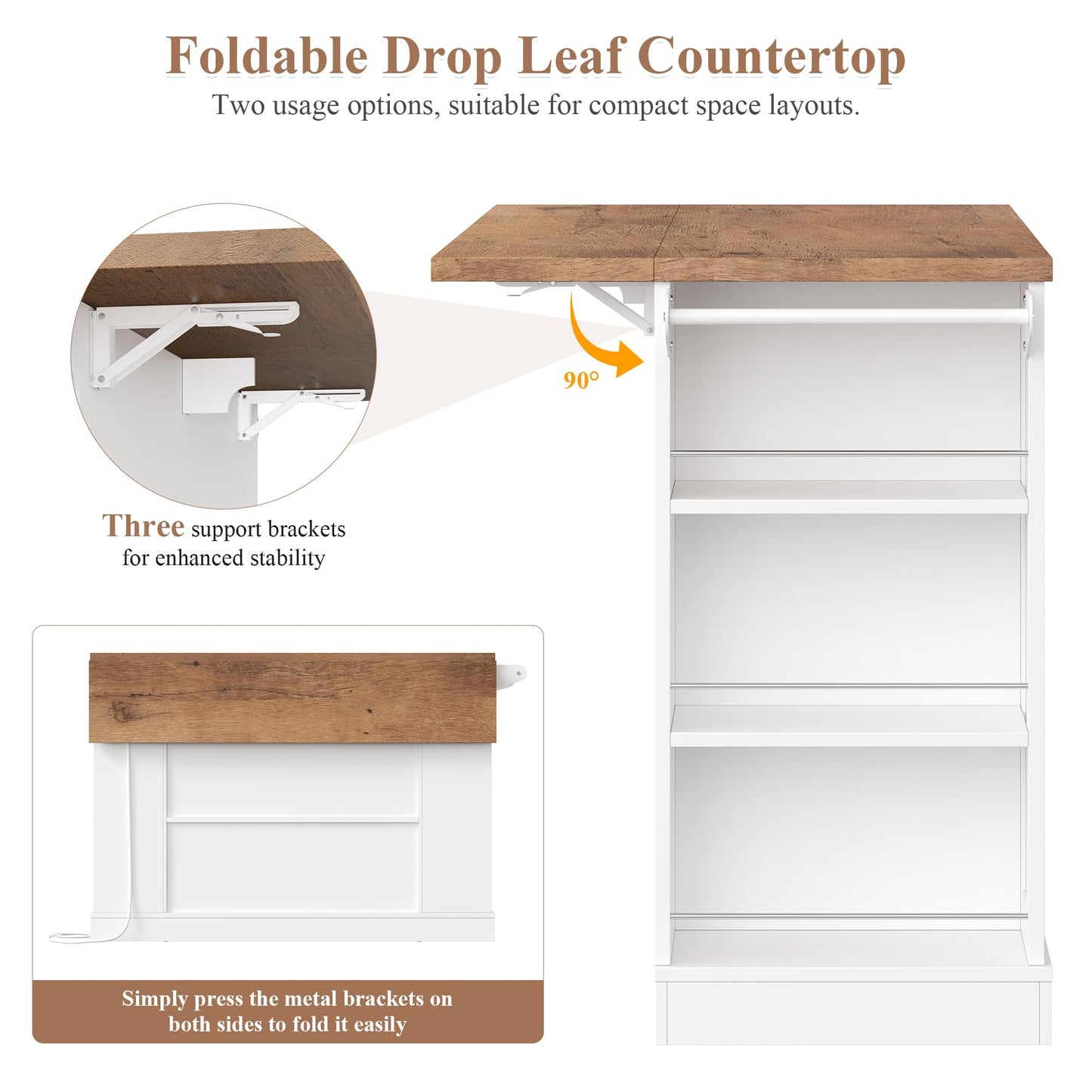 Keyluv Kitchen Storage Island with 2 Stools, 51.2” Mobile Kitchen Cart with Drop Leaf & Power Outlet, Rolling Island Table Dining Room Buffet with 2 Drawers & Side Storage Rack &Towel Rack, White