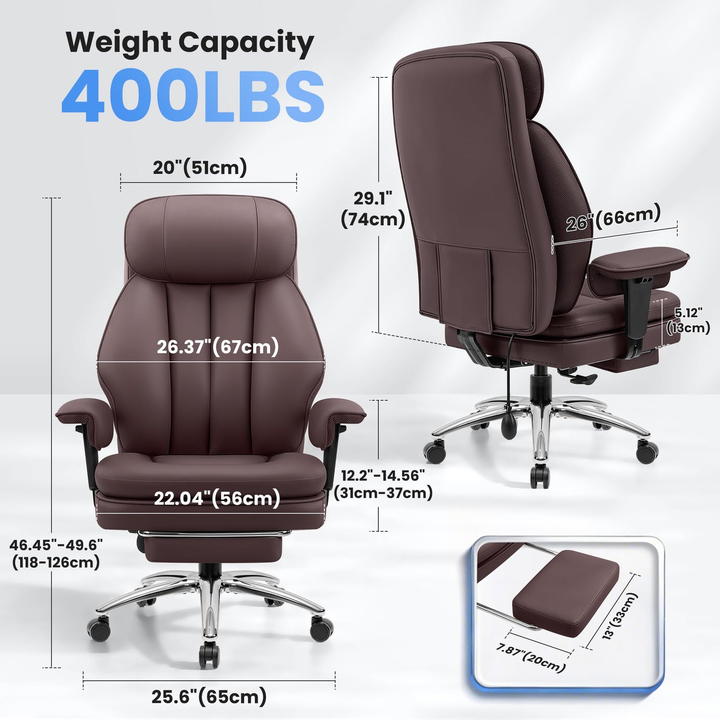 BestGlory Office Desk Chair with Inflatable Lumbar Support, Ergonomic Office Chair [Upgraded Double-Layer Cushion & Footrest], 400 LBS Big and Tall Computer Desk Chair for Home Office Gaming, Coffee