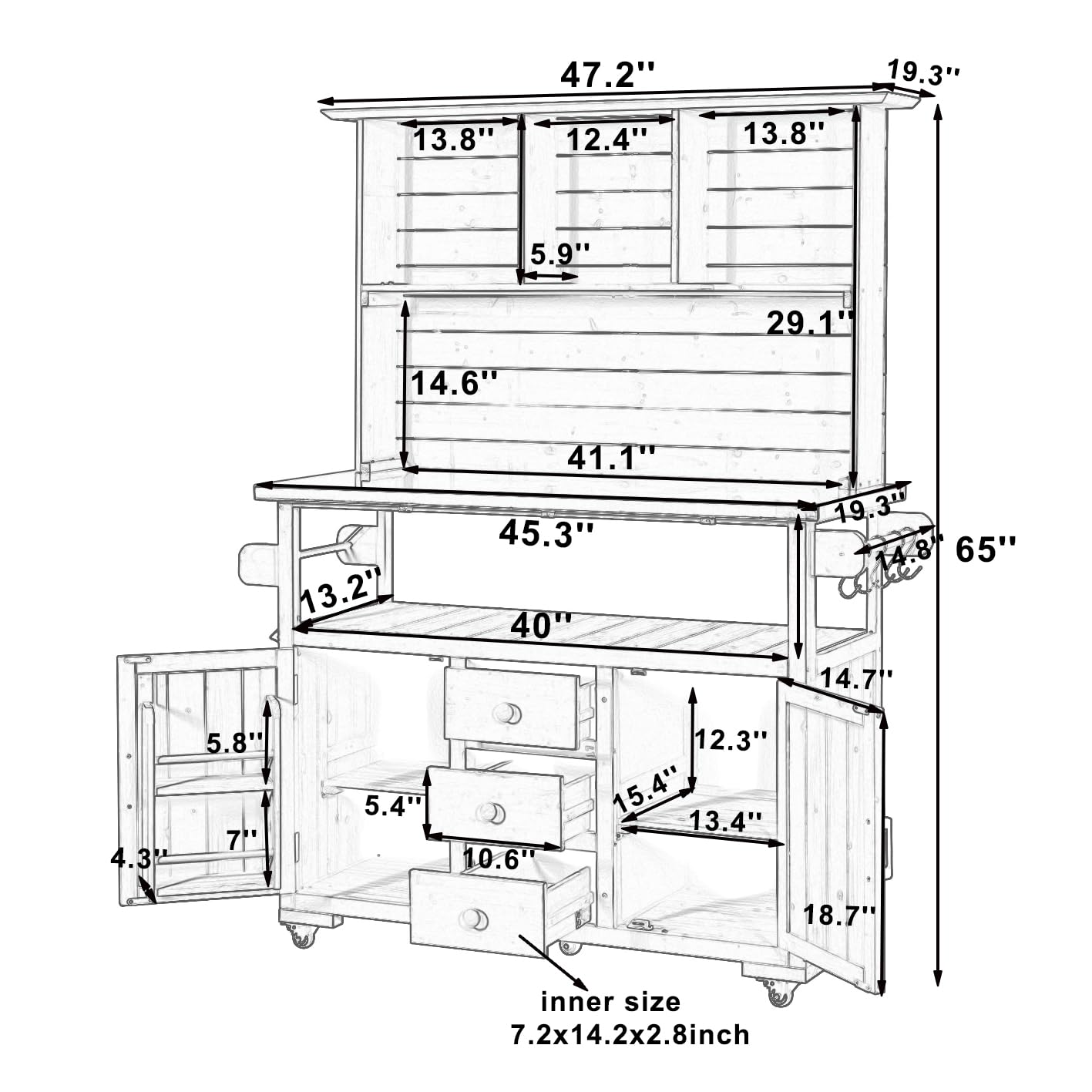 GDFStudio Preden Outdoor Storage Bench Table with Cabinet, Patio Wooden Potting Bench, Garden Storage Work Bench with Stainless Steel Top, Drawers, Cabinets, Shelves and Hooks, Kitchen Island, Gray