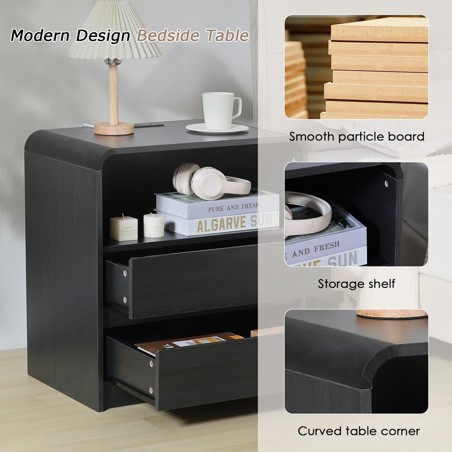HtThalamic Modern Nightstands Set of 2, Black Night Stand with Charging Station, Wood End Table with 2 Drawers, 23.6'' Wide Bedside Cabinet for Bedroom