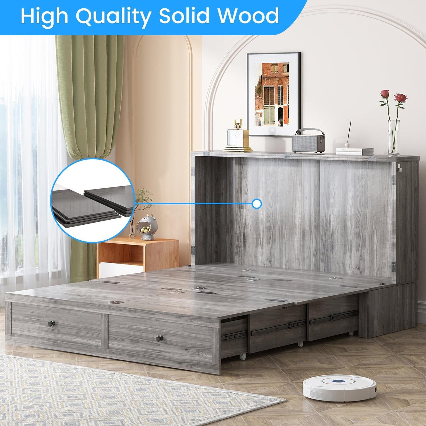PUREMIND Full Murphy Bed Cabinet with Mattress Included, Bedroom Cabinet Beds with USB Charging Station, Murphy Chest Bed with Storage Drawers, Horizontal Wallbed for Guest Room Grey