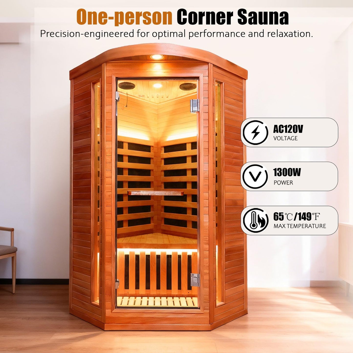ToTibuy Corner Sauna Far Infrared Sauna 1 Person Home Saunas Indoor Wood Spa Room 1300W 120V with Red Light Bluetooth Speakers 37.4" x 37.4" x 70.9"