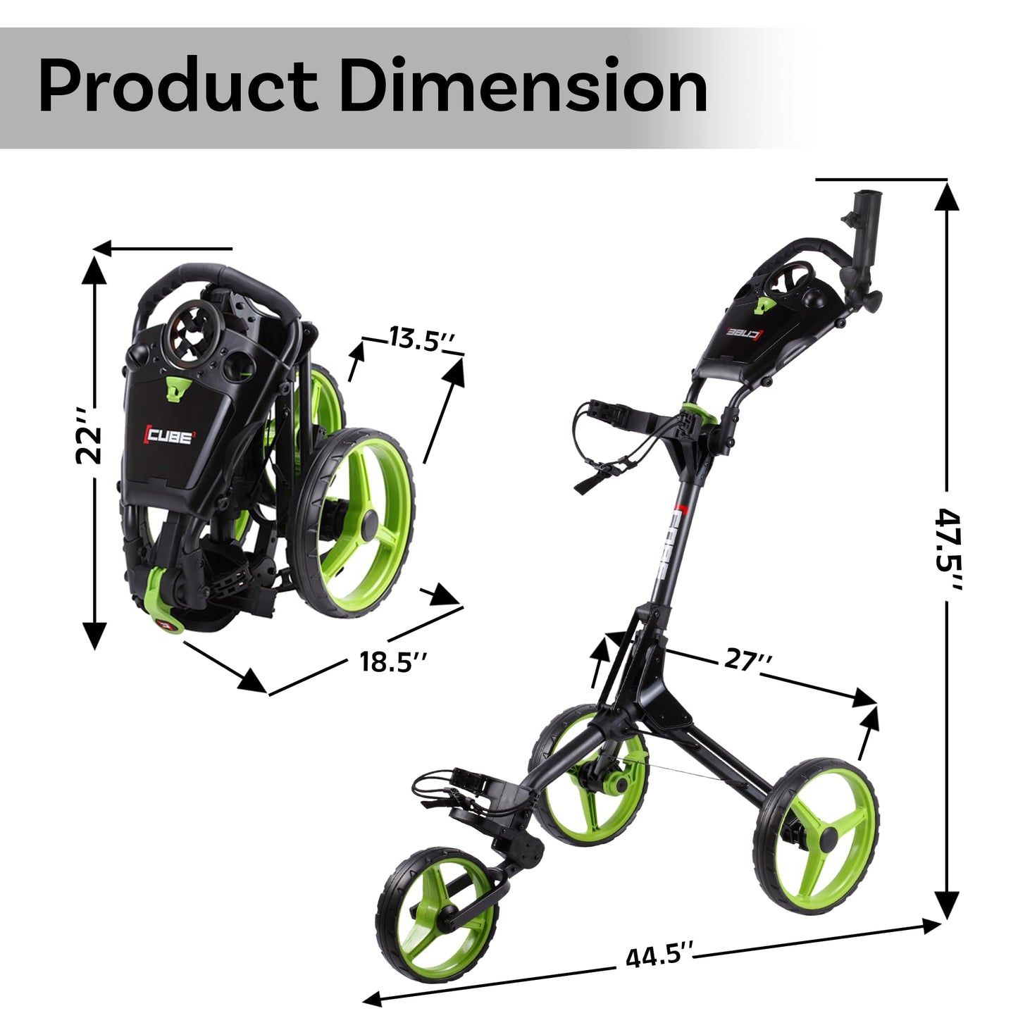 CUBE CART 3-Wheel Golf Push Cart – Ultra-Compact 14.5 lb Folding Golf Trolley, Two-Step Fold, Adjustable Handle, Foot Brake, Umbrella Holder & Built-in Storage - Charcoal/Lime