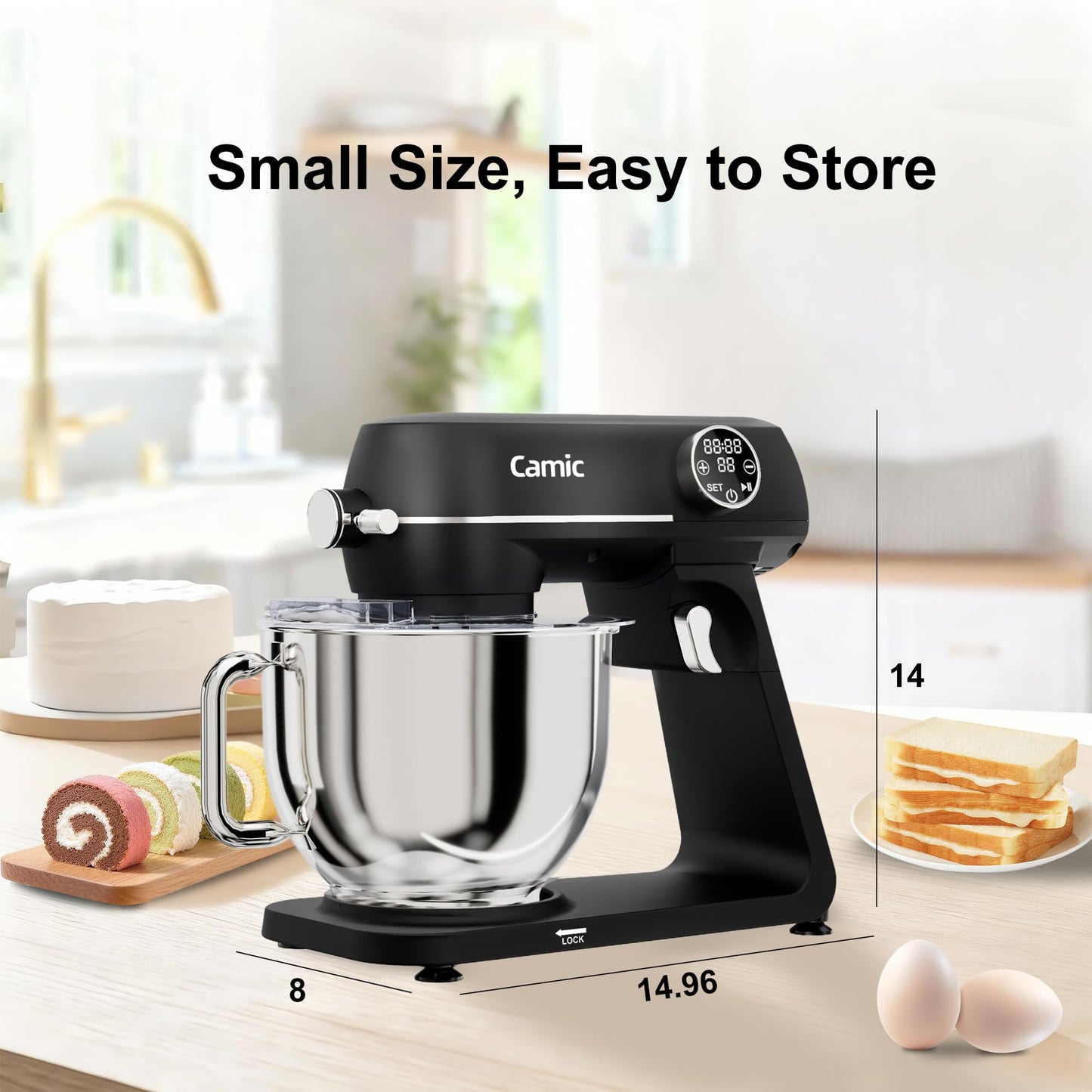 8.45 QT All Metal Stand Mixer,10 Speed Large Capacity Kitchen Mixer with Digital Timer & Tilt-Head, Electric Mixer with Whisk Dough Hook Mixing Beater for Baking,Cakes,Cookie,Bread,Salad (Black)