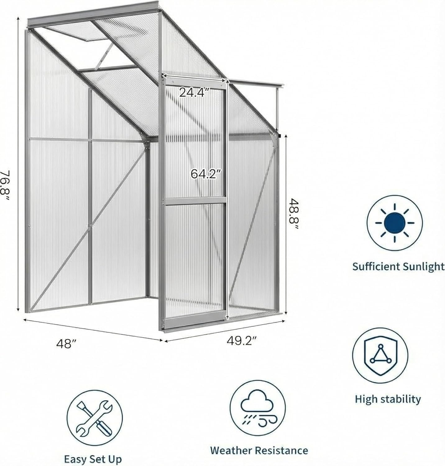 4x4 ft Lean-to Walk-in Polycarbonate Greenhouse,Greenhouse Kit,Lean-to Greenhouse for Outdoors,Portable Wall-Mounted Outdoor Green House with Sliding Door,Adjustable Roof Vent & Rain Gutter