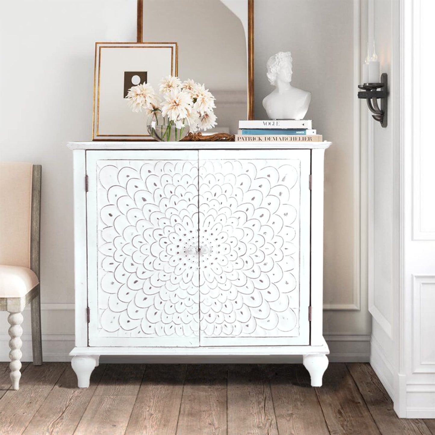 PHI VILLA White Accent Cabinet with Doors, Antique Storage Sideboard and Buffet Cabinets