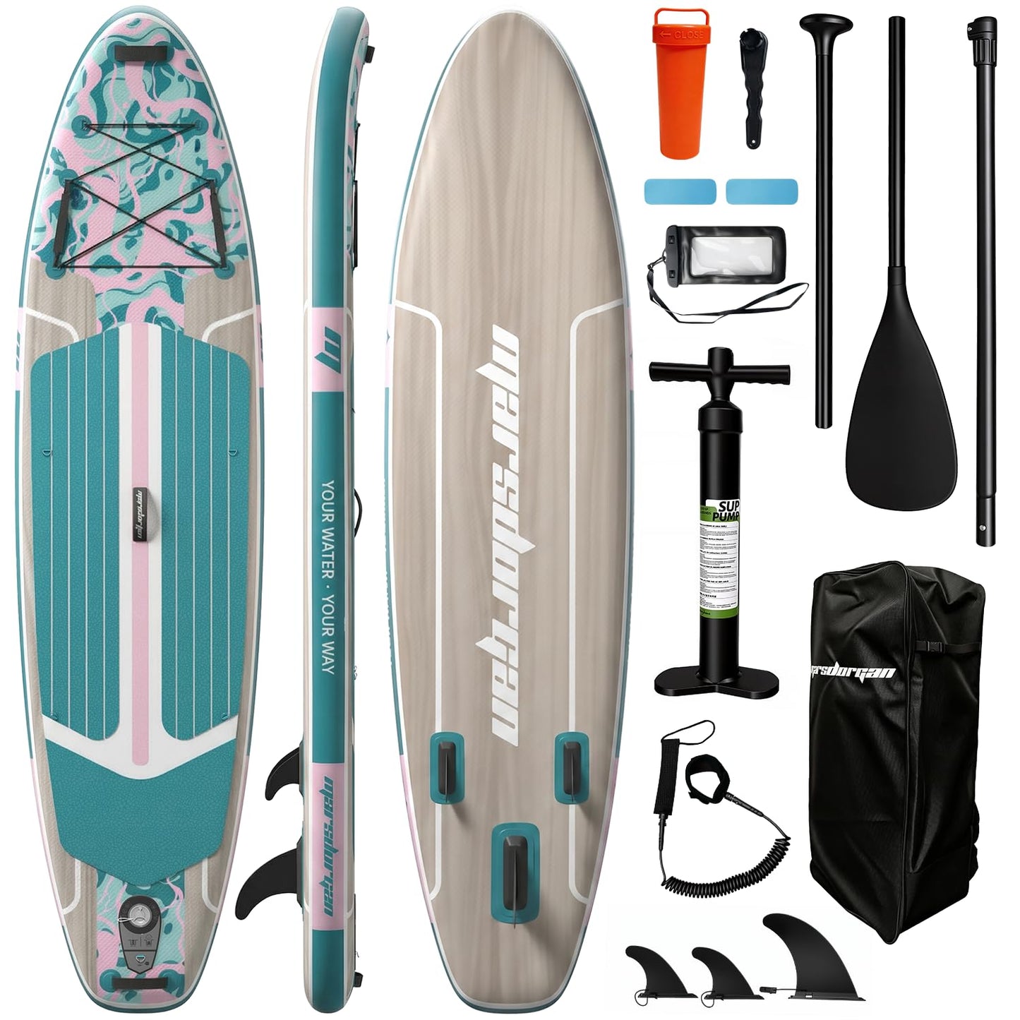 Marsdorgan 11ft Inflatable Stand Up Paddle Board, Wood Grain Ultra Lightweight SUP, 430lb Capacity for Adults Youth Family, for Fishing Camping, Complete Kit with Backpack & Pump, Grey Wood Grain