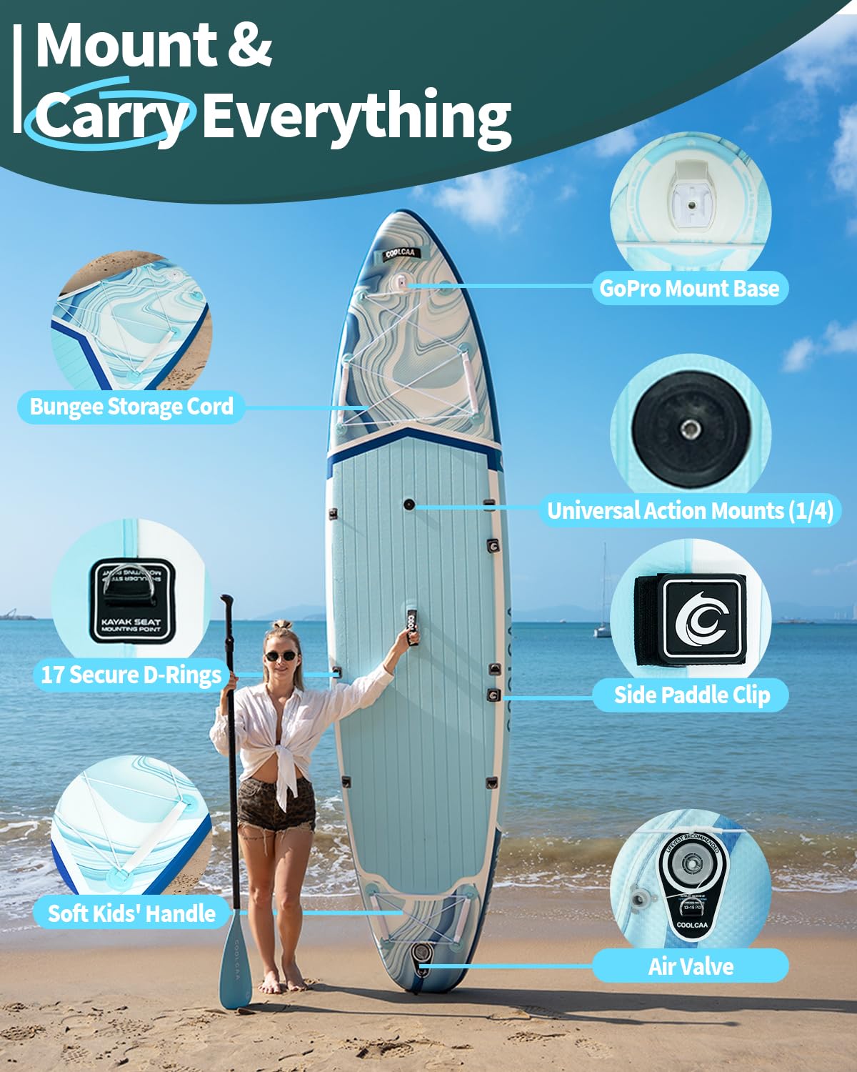 COOLCAA Mermaid 11'6" Inflatable Stand-Up Paddle Board, 490Lbs Capacity SUP Board with 34'' Extra Wide, Fishing Paddleboard with Accessories & Bag for Adults Youth (Ocean Stream)