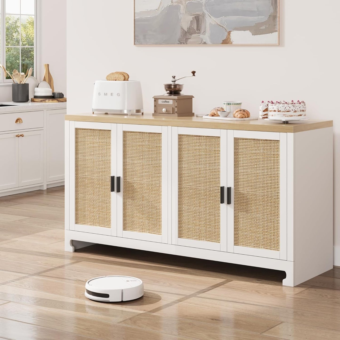 GarveeHome 60 in Farmhouse Rattan Buffet Cabinet - 4-Door Woven Storage Sideboard with Adjustable Shelves, Kitchen Console Table for Dining Room & Living Room Entryway (White & Brown)