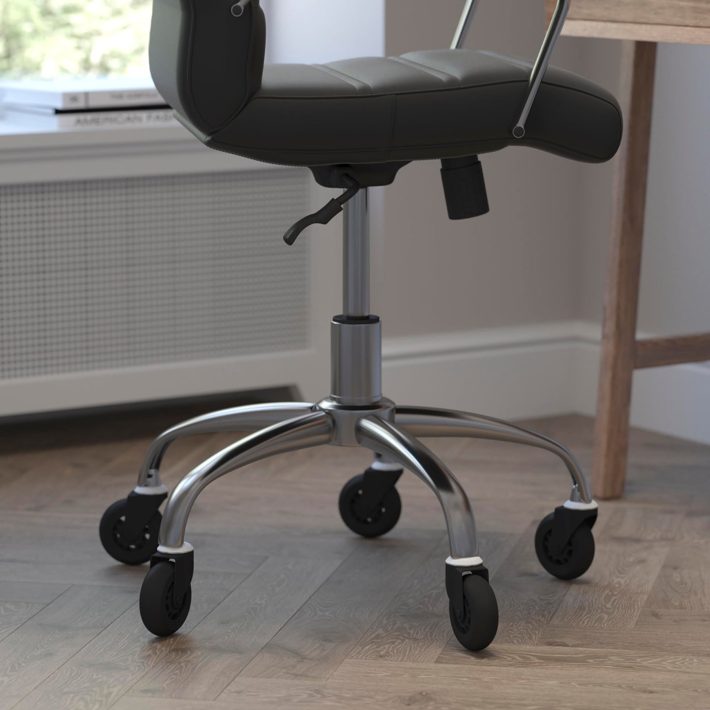 Flash Furniture Camilia Mid-Back Black LeatherSoft Executive Swivel Office Chair with Chrome Frame, Arms, and Transparent Roller Wheels