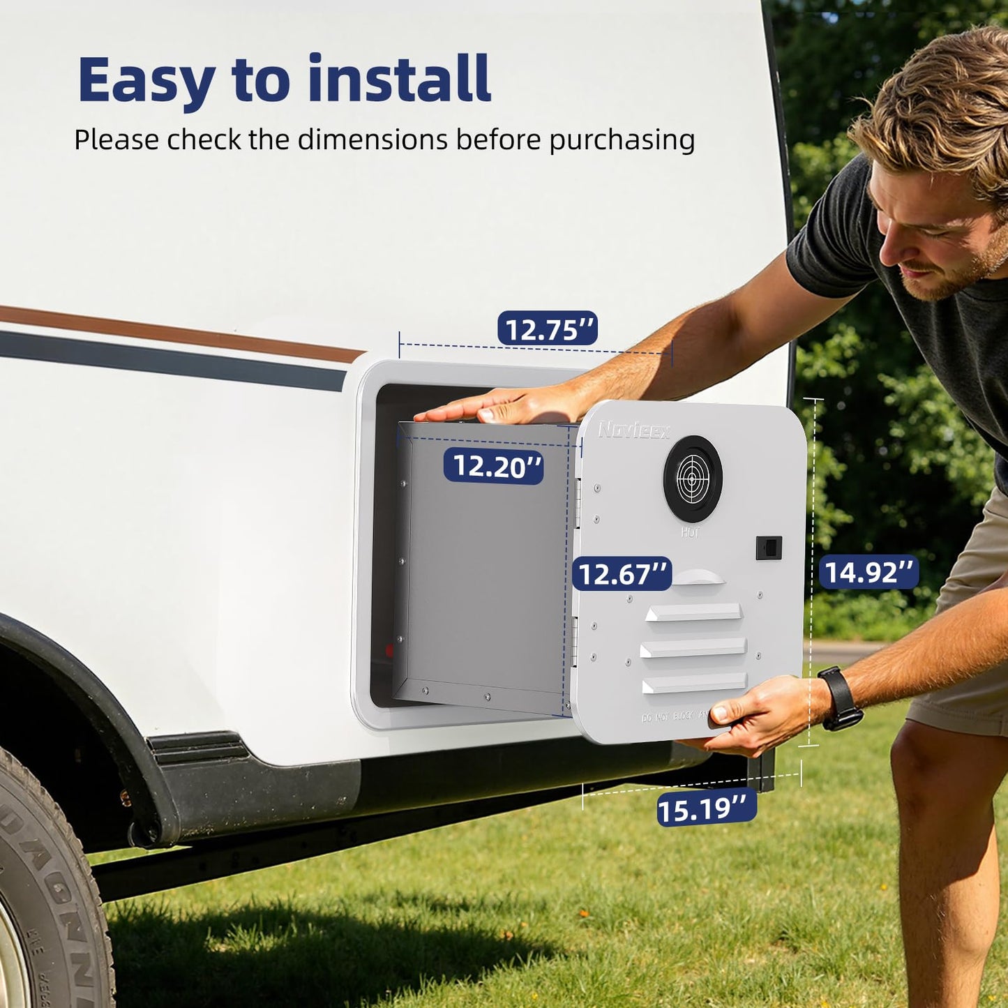 Novieex RV Water Heater, 60,000 BTU On-Demand Instant Tankless Hot Water Heater, 15"×15" White Door, 12V DC LPG Propane with Constant Temp & Anti-Freezing, CSA Certified for Camper Travel Trailer