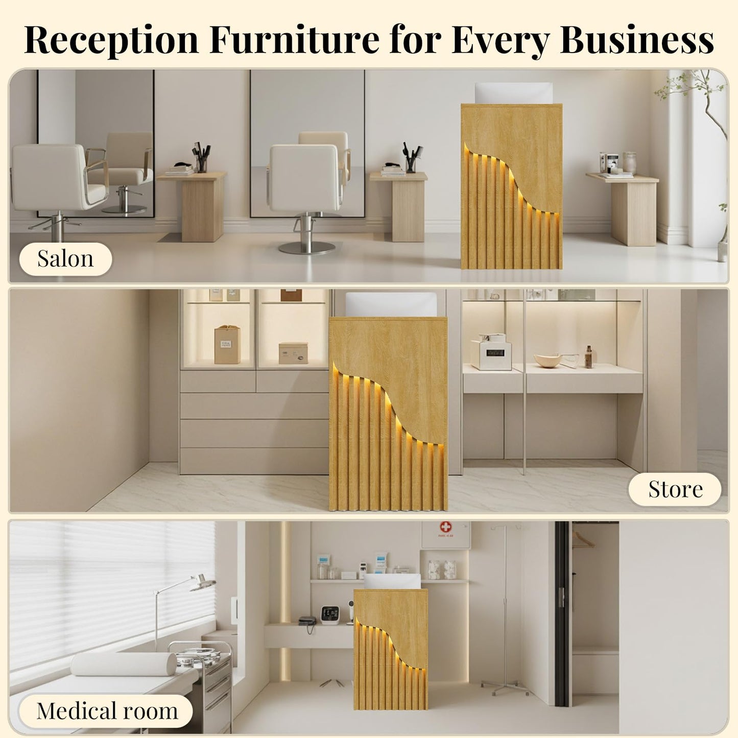 Small Reception Desk with Counter, Modern Front Desk with LED Light & Lockable Drawers, Checkout Counter, Retail Counter, Cash Register Stand for Salon, Lobby, Office, Retail, Natural, 23.6 Inch